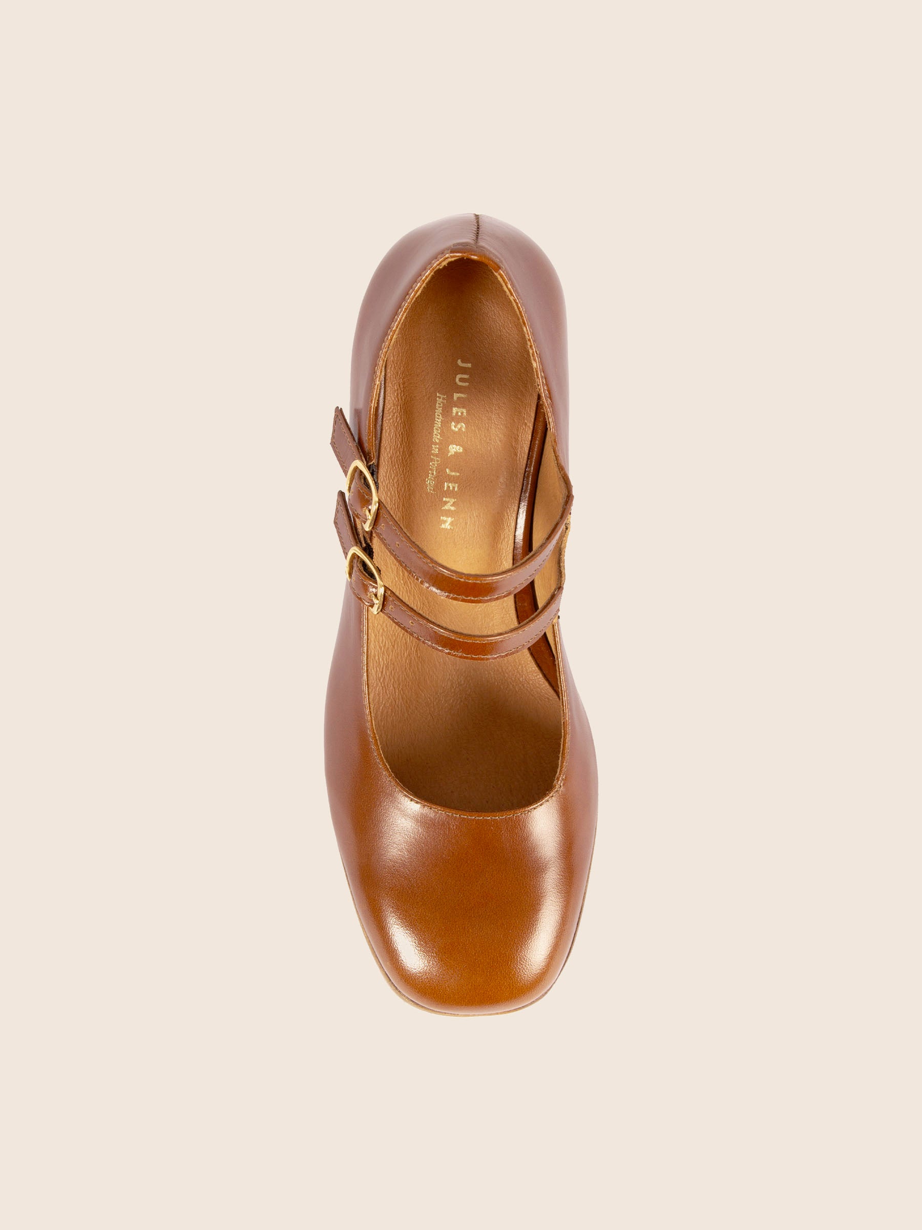 vue dessus babies plateforme cuir camel jules jenn