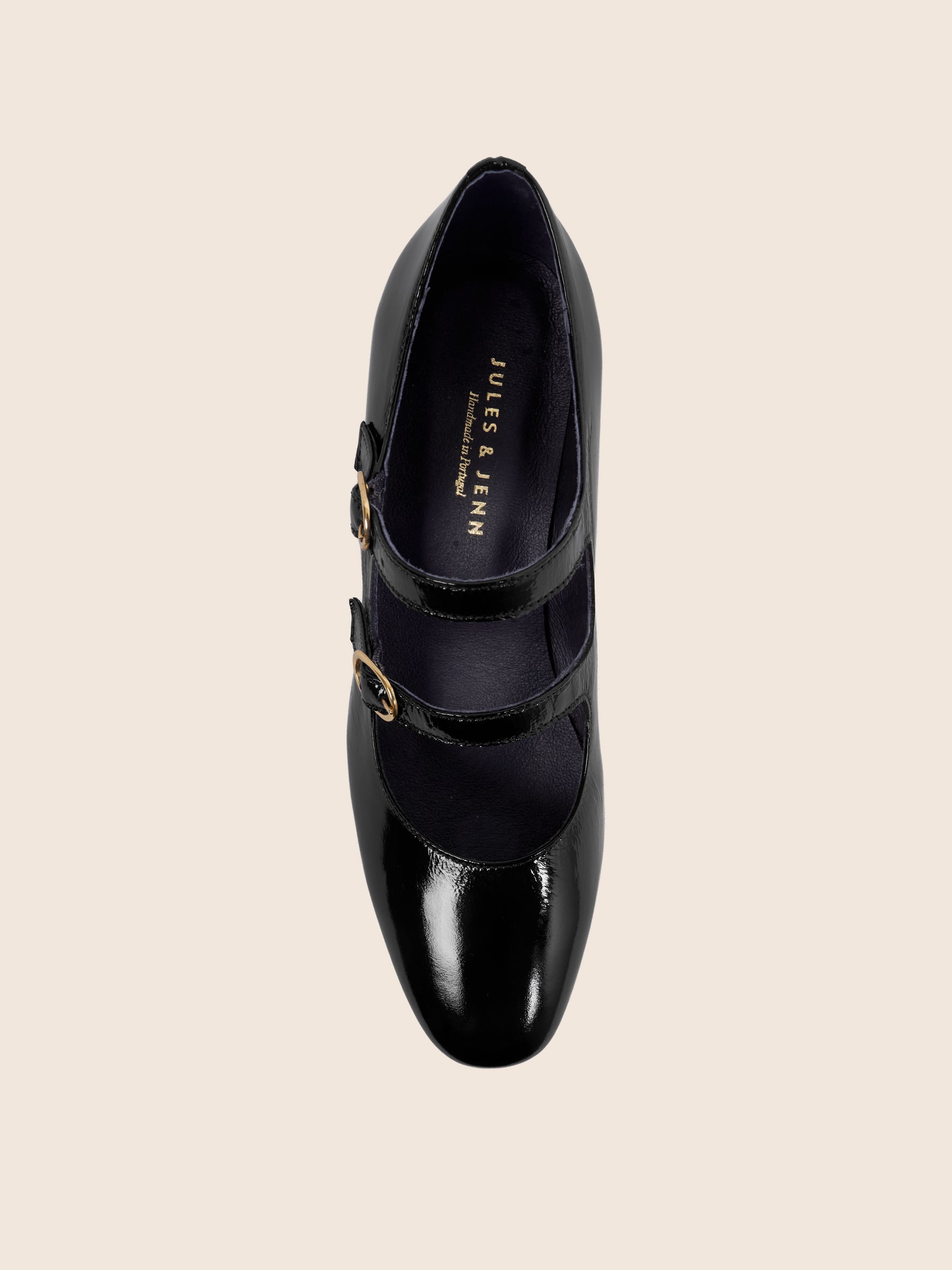 vue dessus babies talon cuir vernis noir jules & jenn