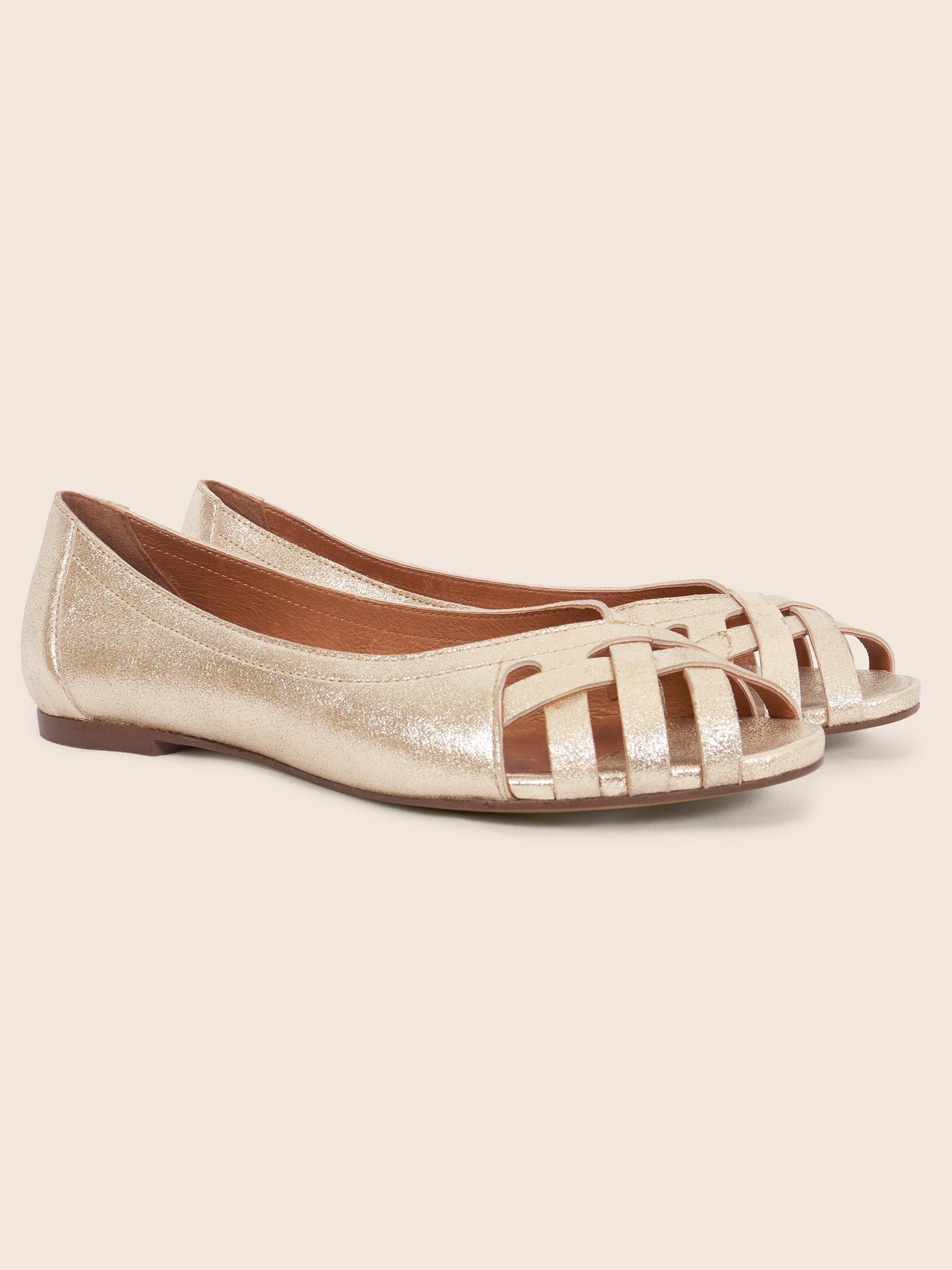 photo vue avant ballerines brides cuir métallisé doré jules jenn