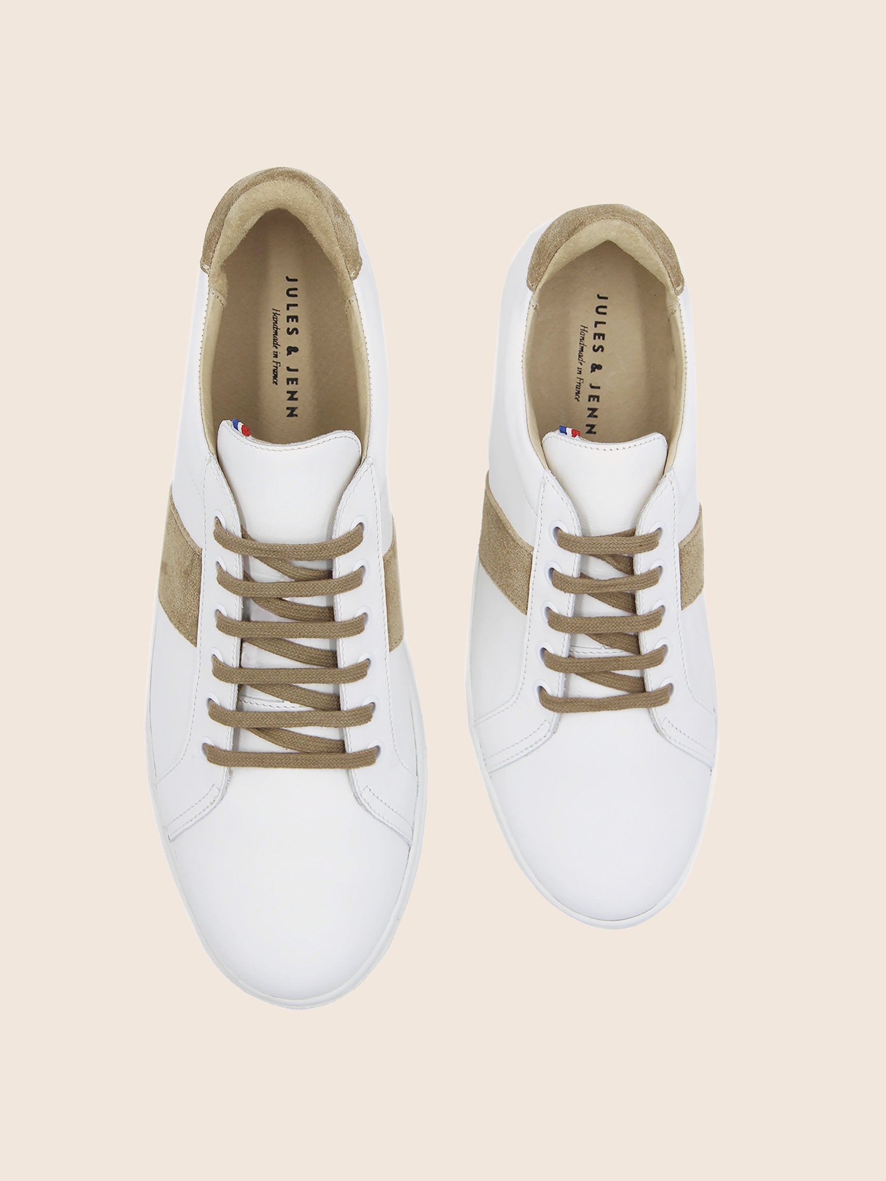 vue dessus baskets a lacet cuir blanc beige jules jenn