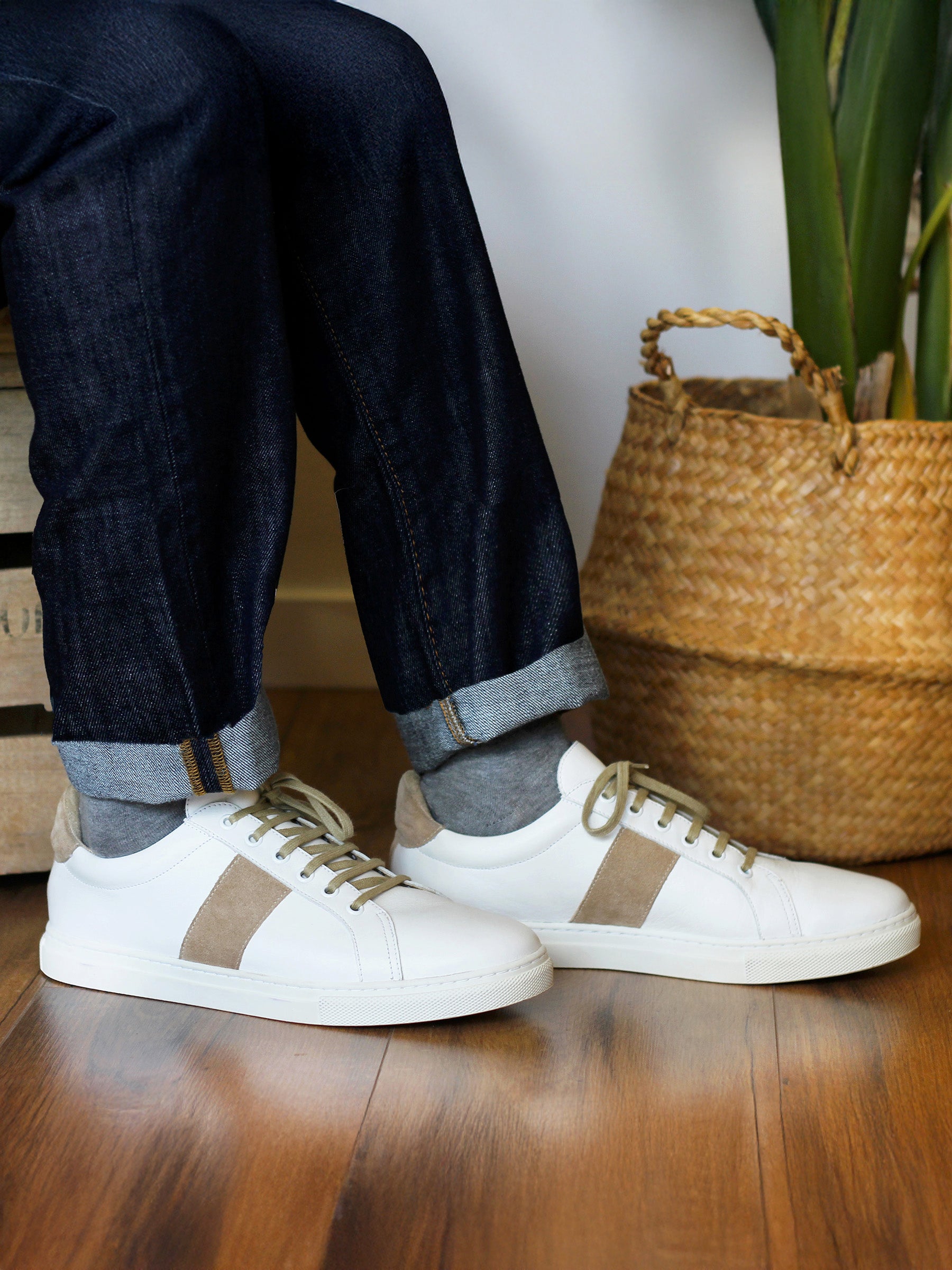 vue portée baskets made in france cuir blanc camel jules jenn