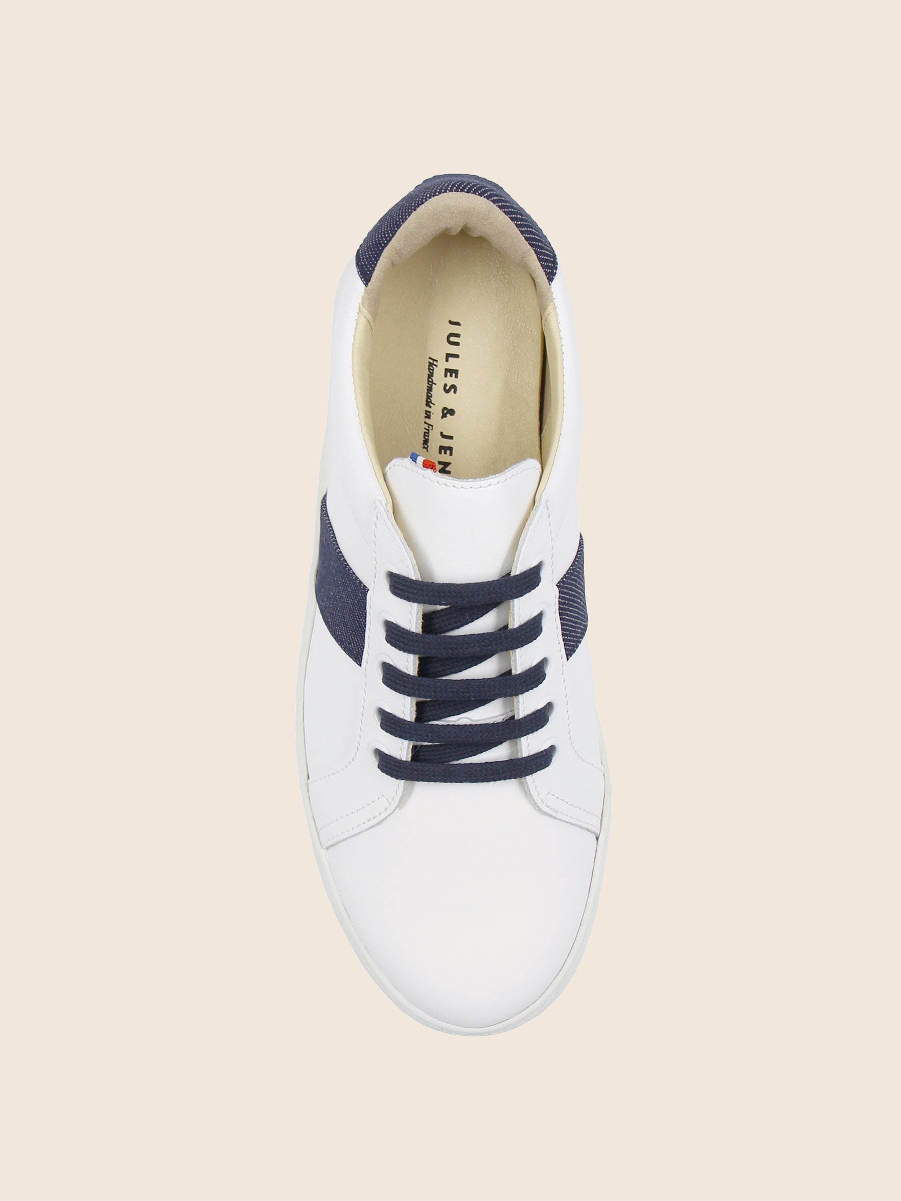 vue dessus baskets made in france cuir blanc cuir toile denim jules jenn