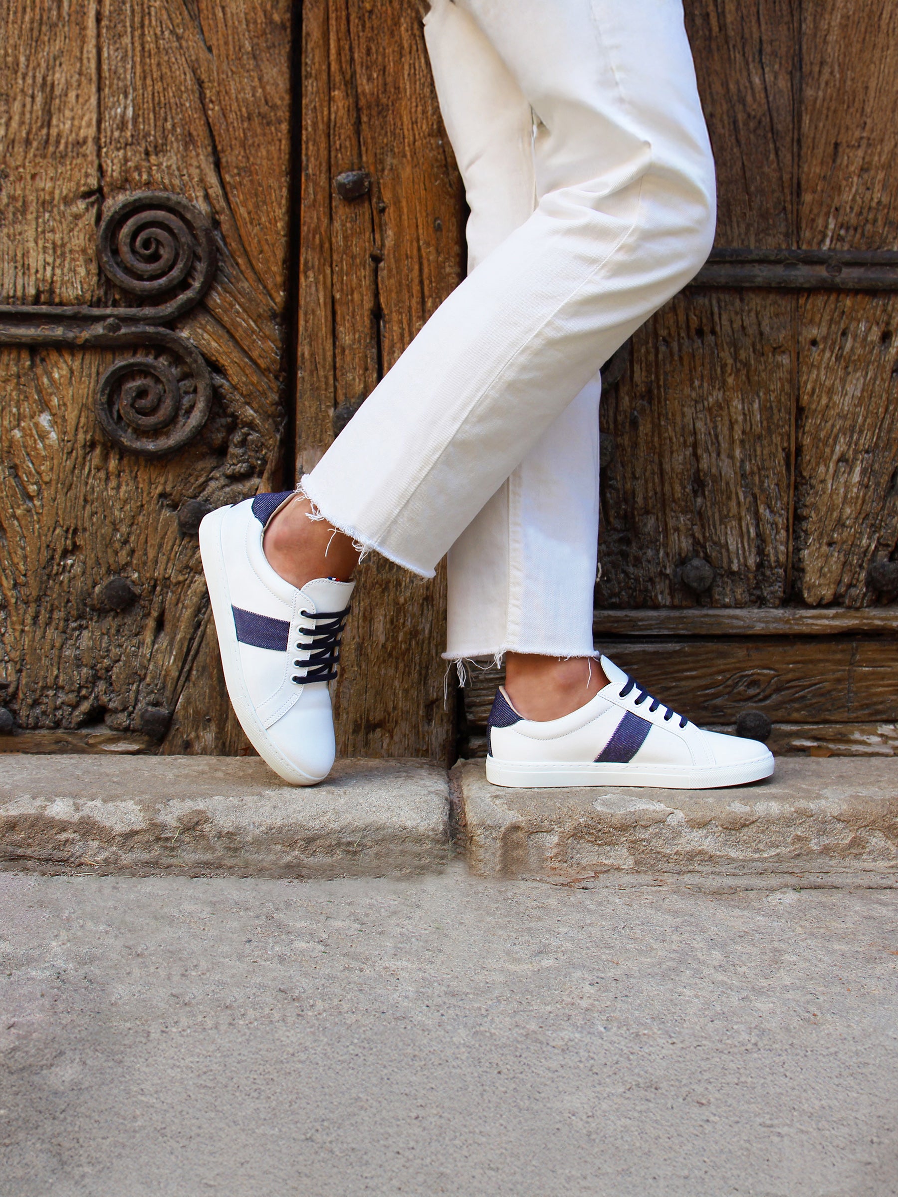 vue portée baskets made in france cuir blanc denim jules jenn