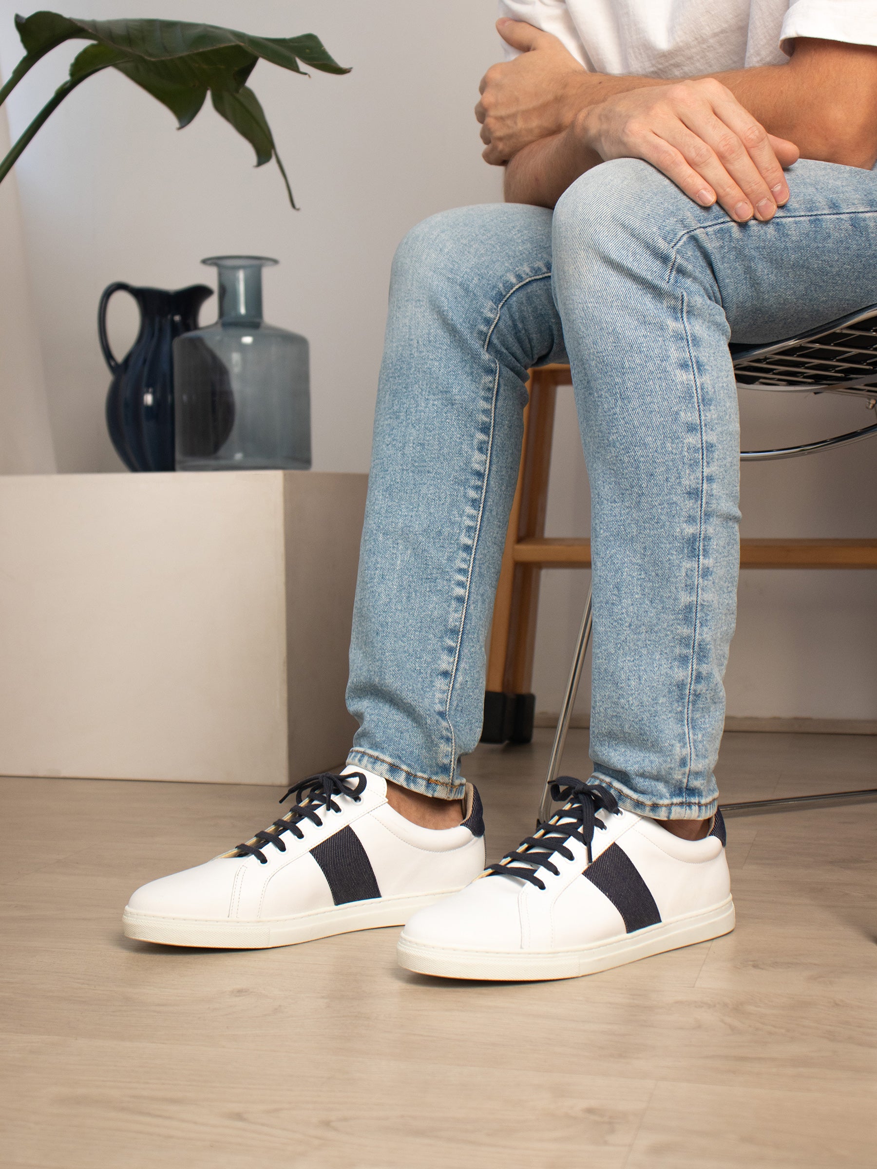 vue portée baskets made in france cuir blanc denim jules jenn