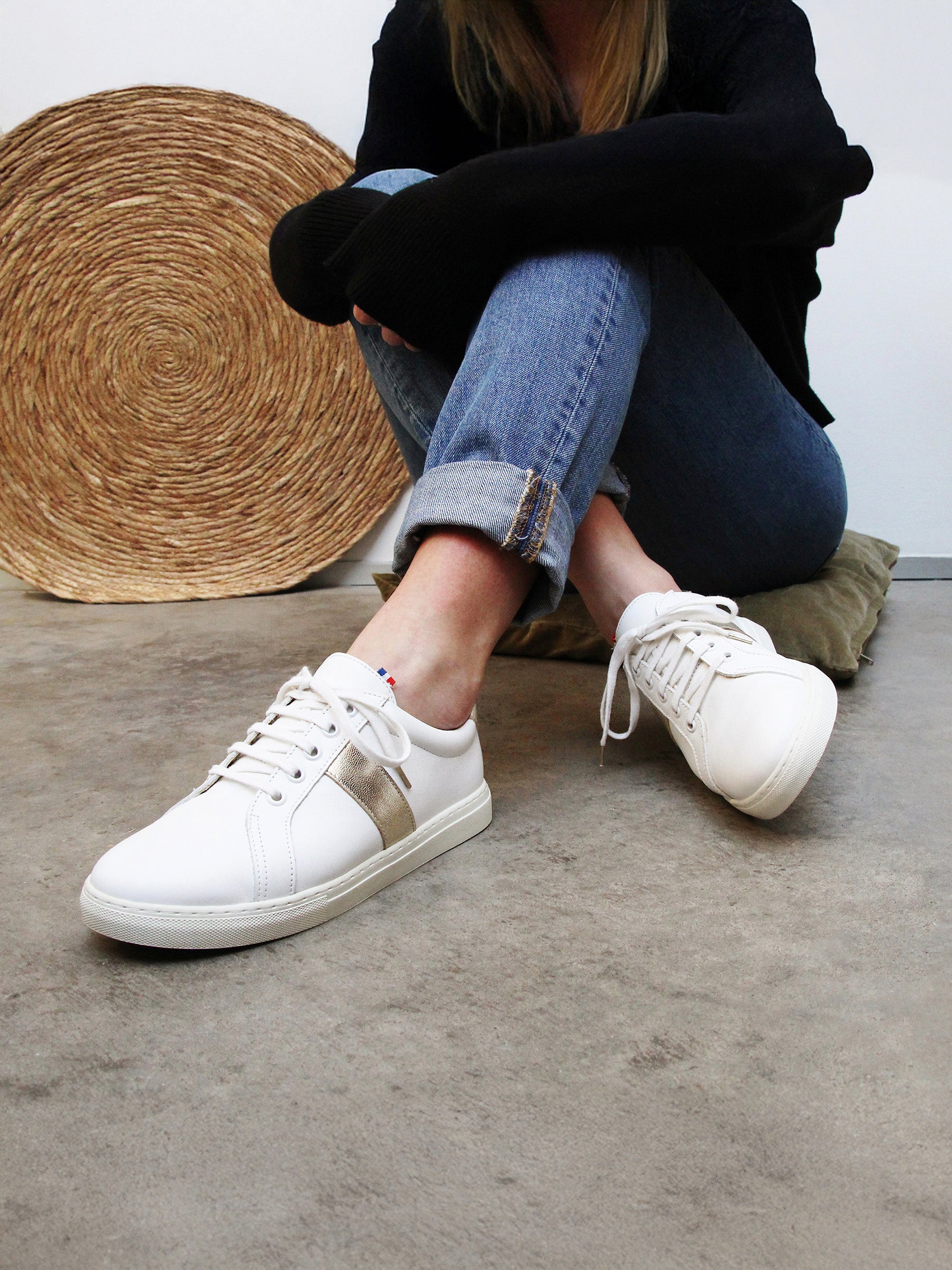 vue portée baskets made in france cuir blanc dore jules jenn