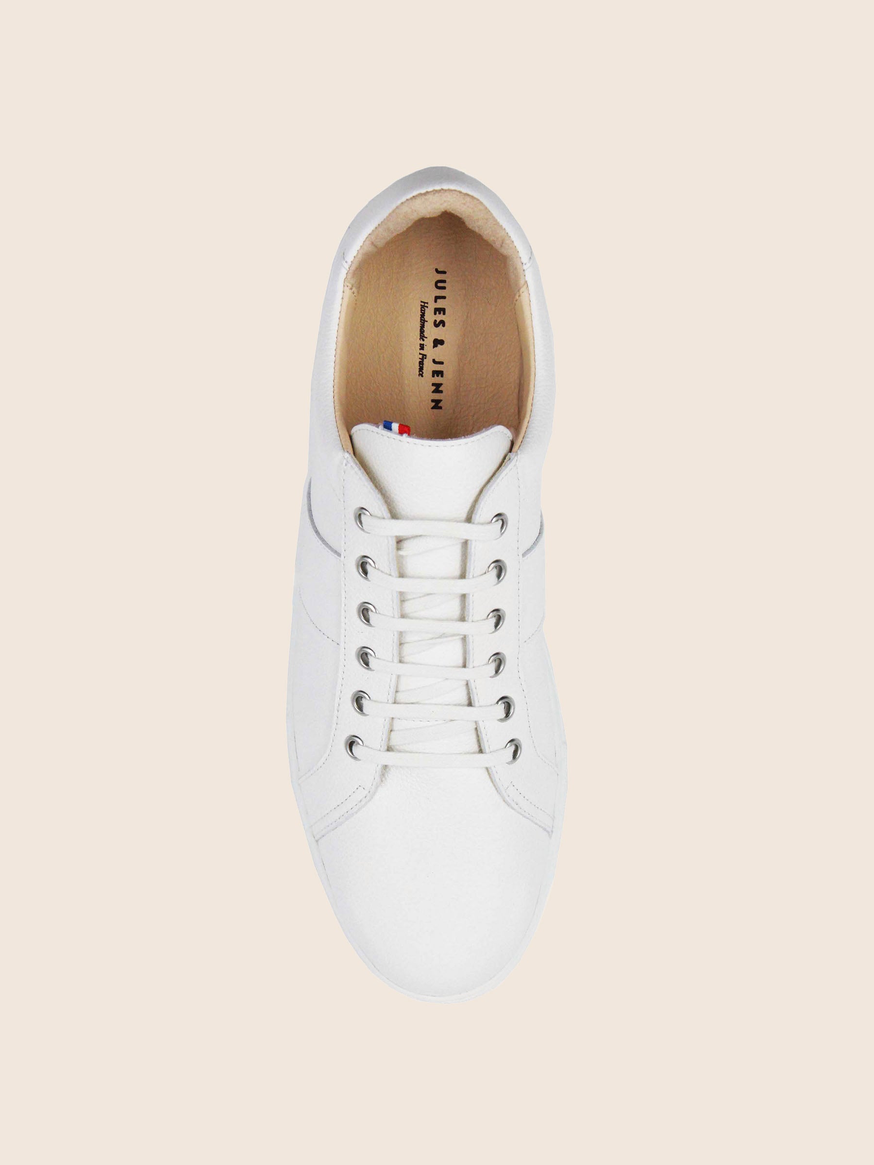 vue dessus baskets made in france cuir grainé blanc jules jenn