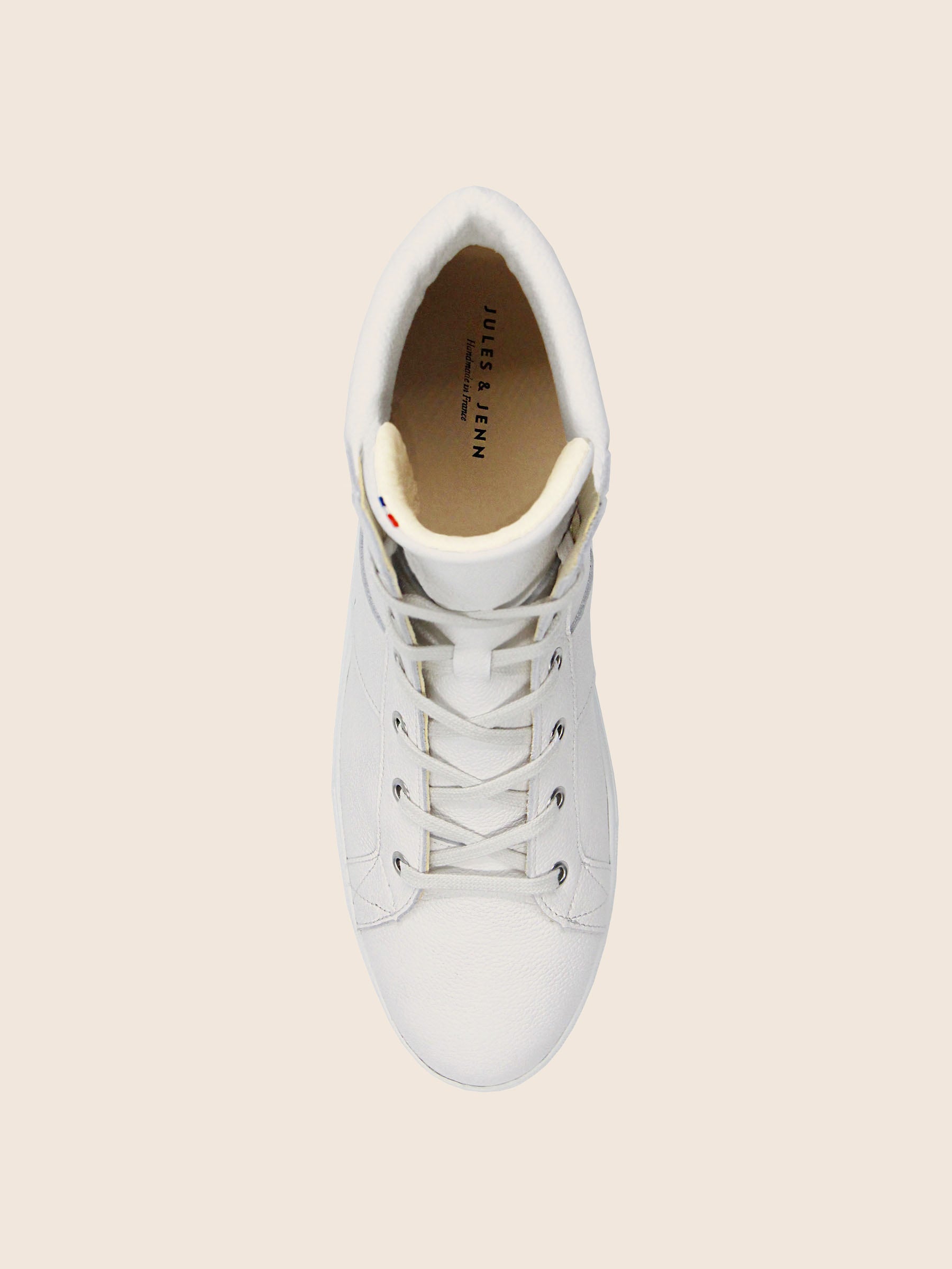 vue dessus baskets montantes made in france cuir graine blanc jules jenn