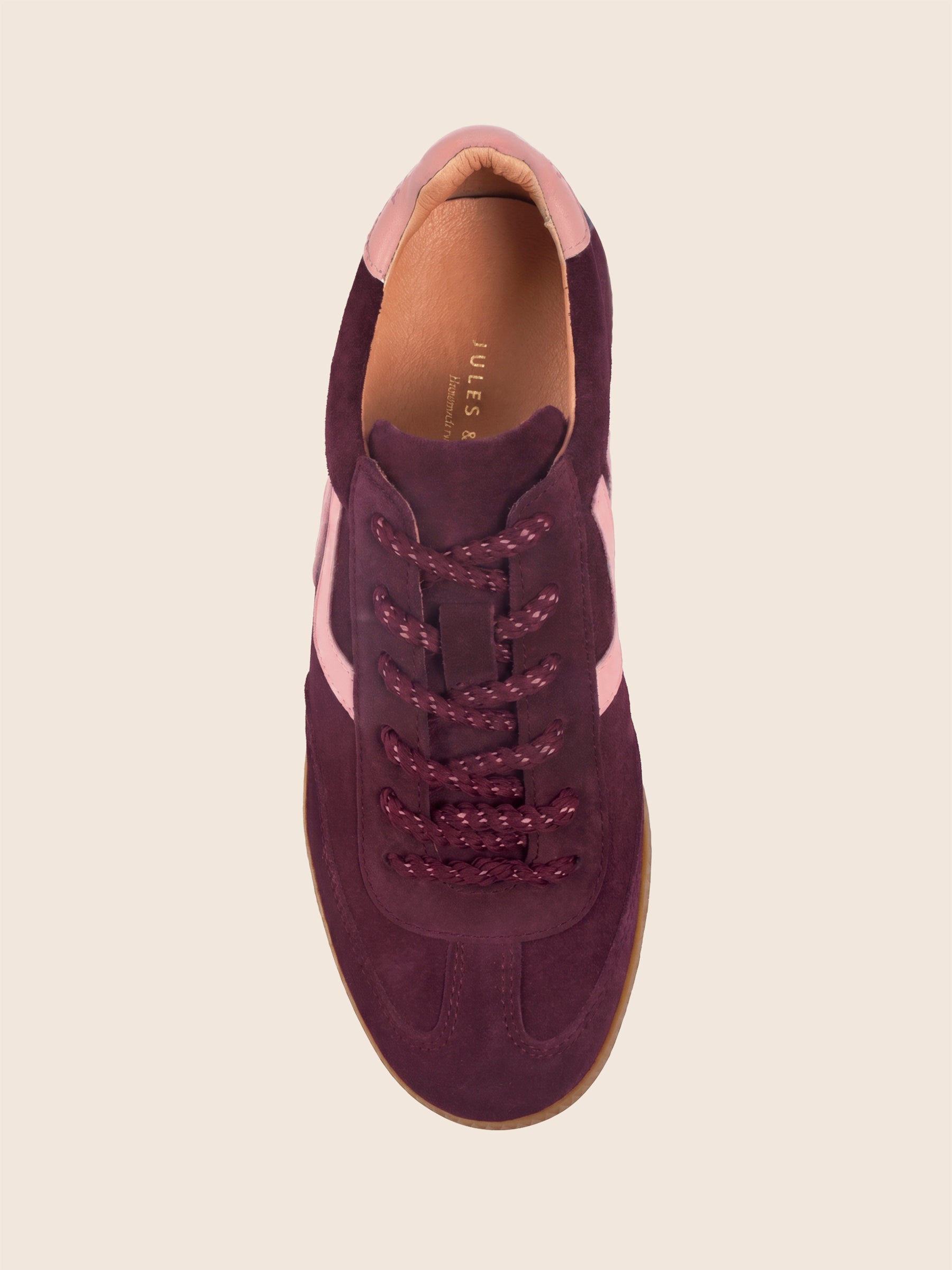vue dessus baskets ninon cuir daim bordeaux rose jules & jenn