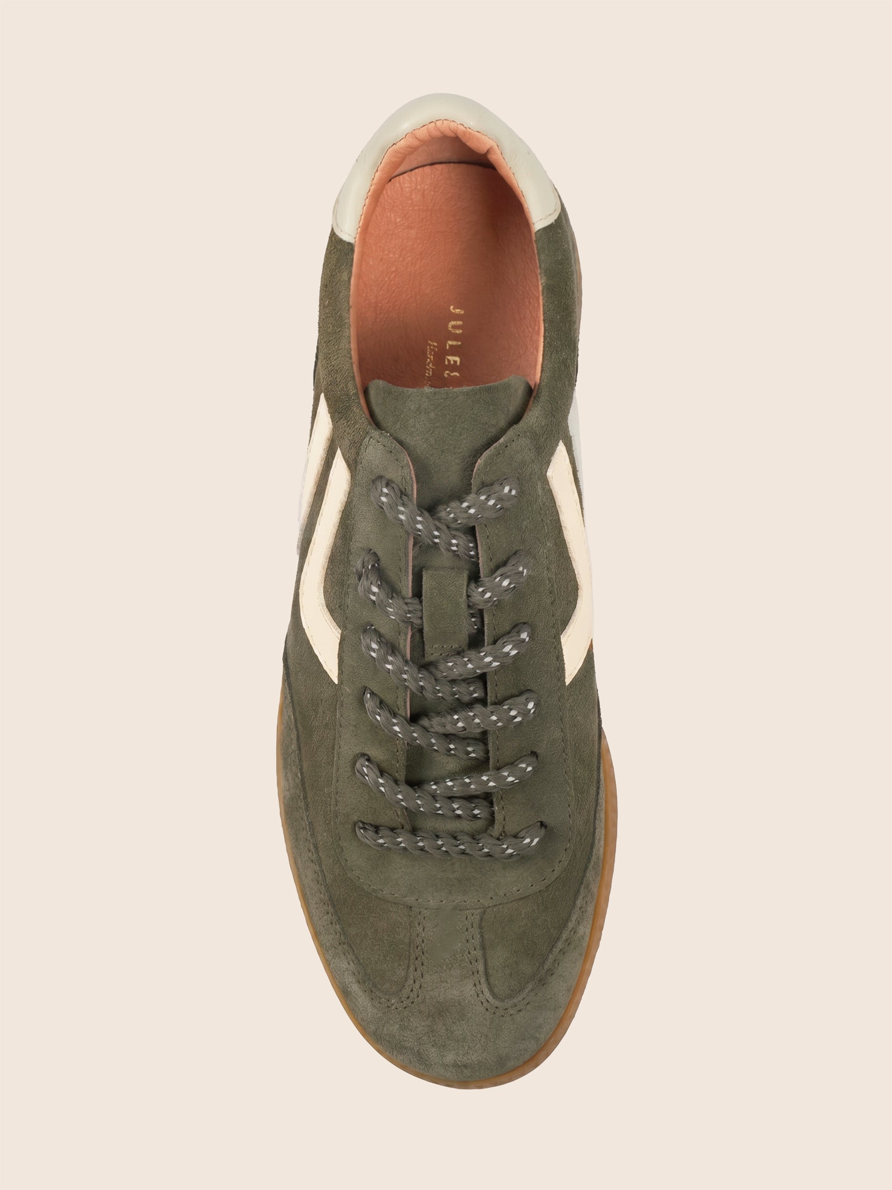 vue dessus baskets retro ninon cuir daim kaki ecru jules & jenn