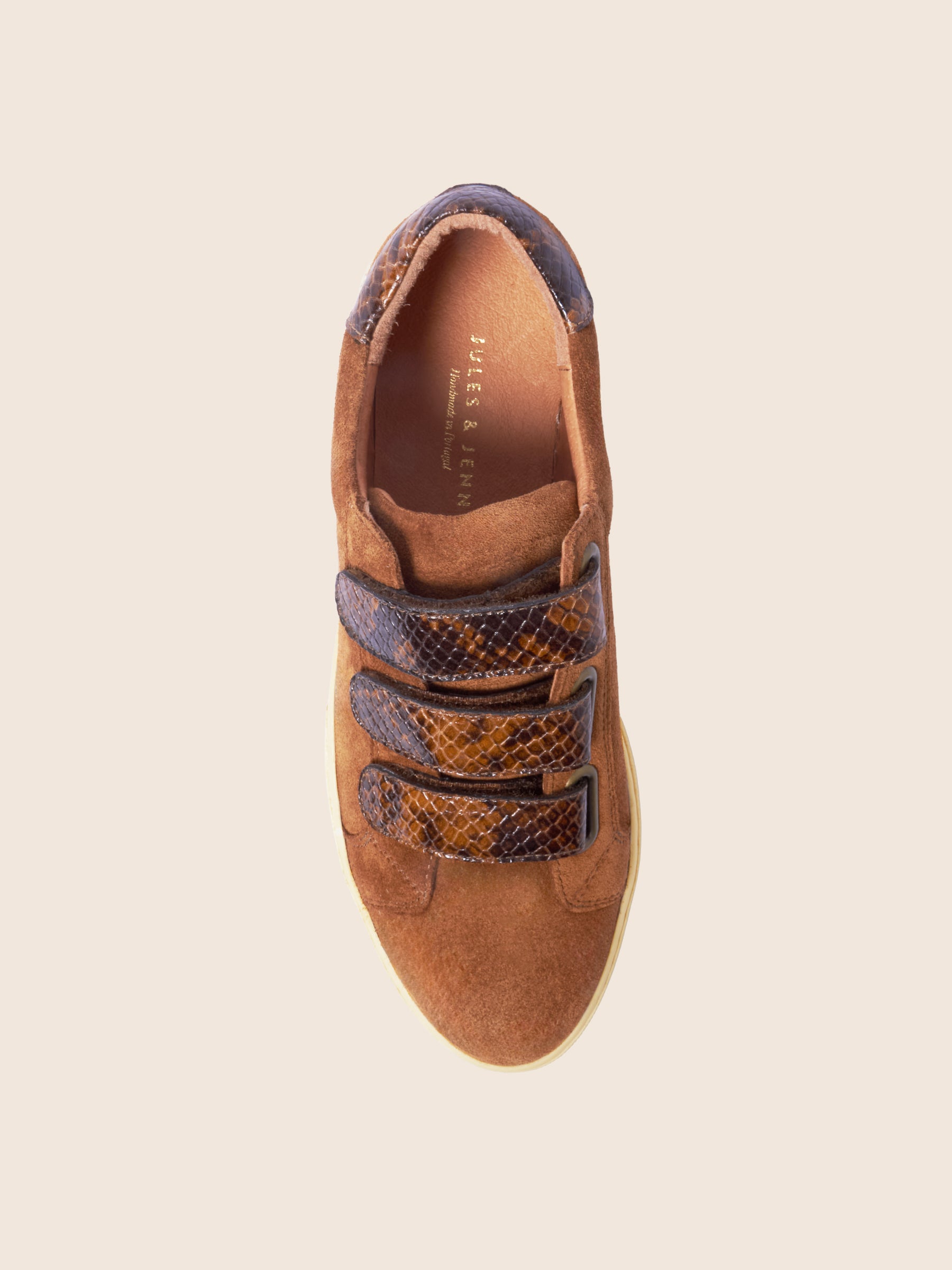 vue dessus baskets scratch cuir daim python cognac jules & jenn