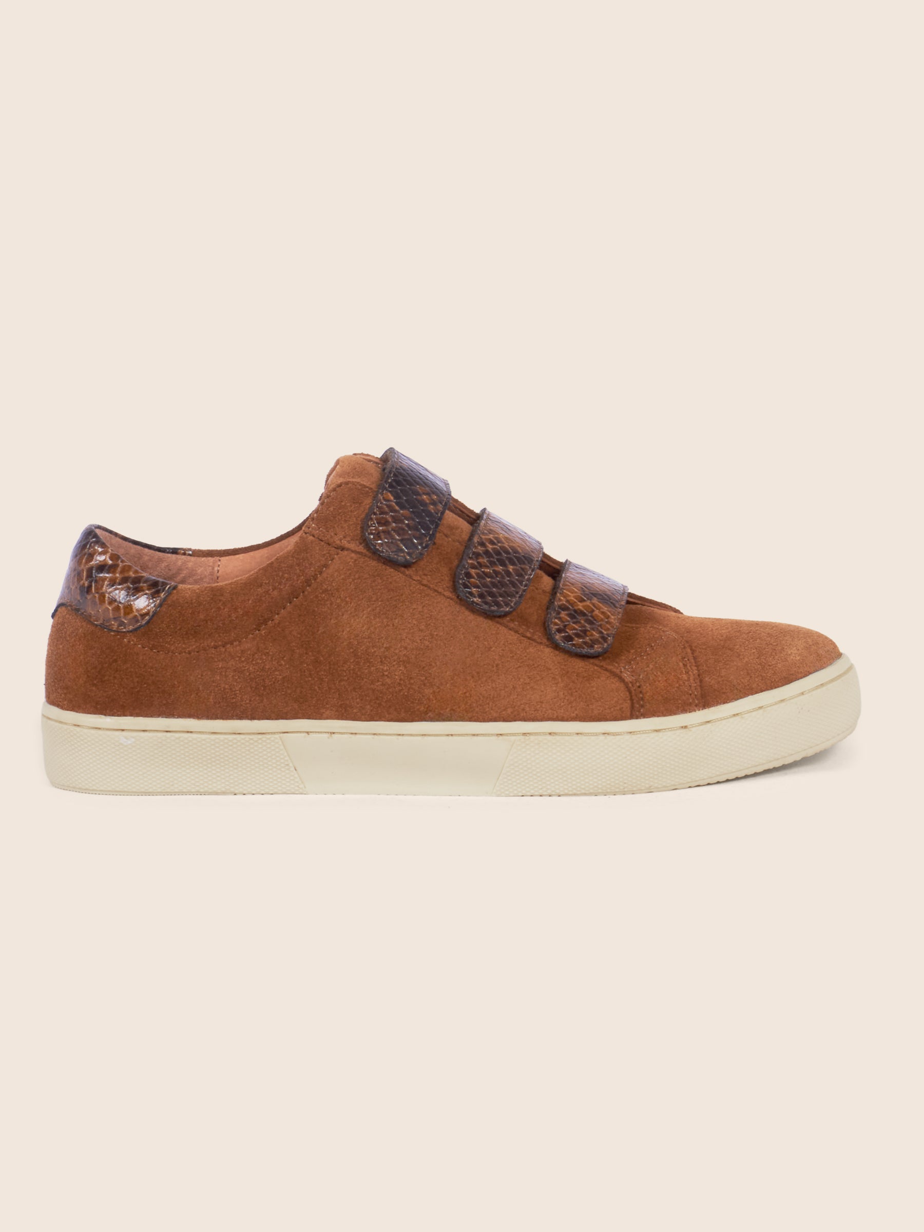 vue profil baskets scratch cuir daim python cognac jules & jenn