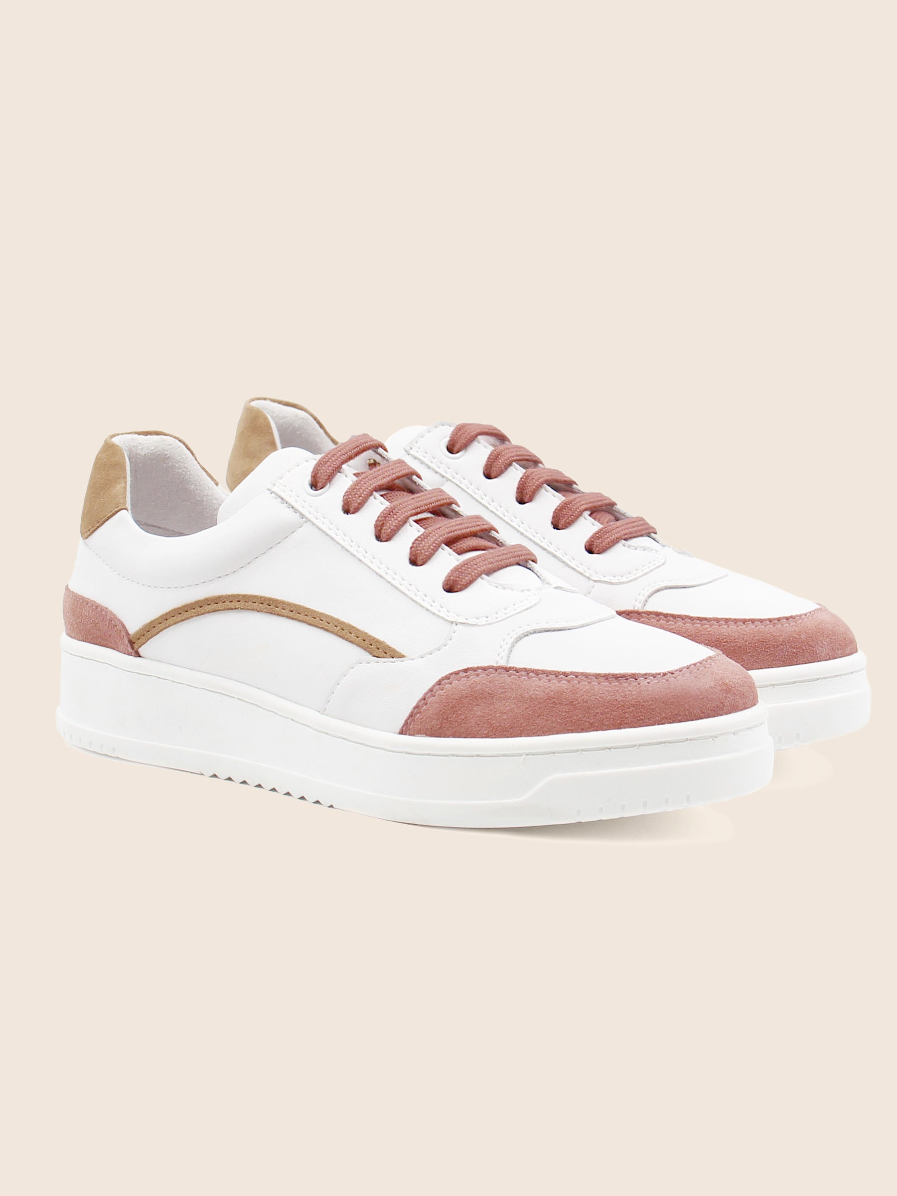 vue avant baskets vintage cuir blanc cuir daim beige jules jenn