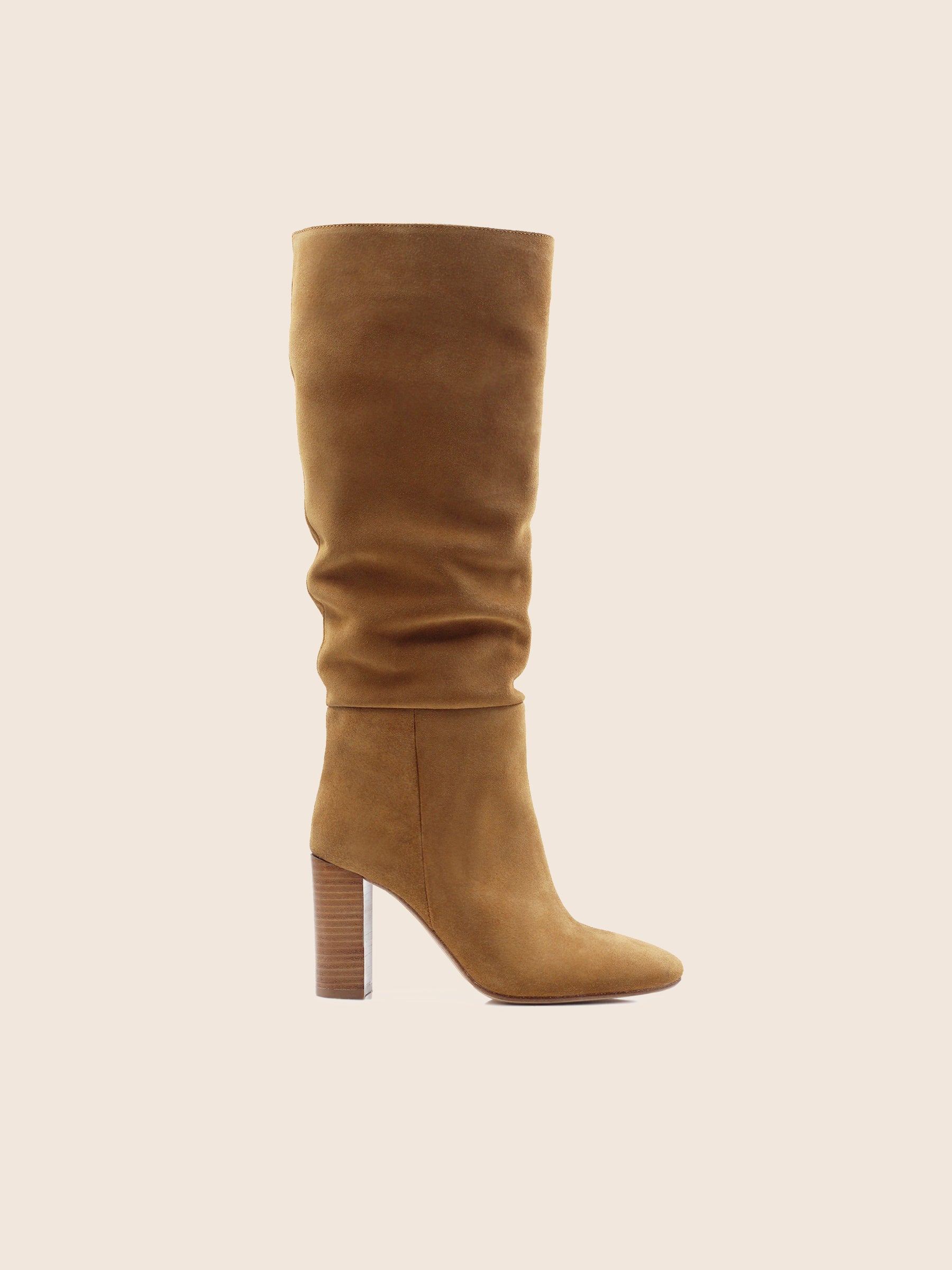 vue extérieur bottes drapees cuir daim cognac jules & jenn