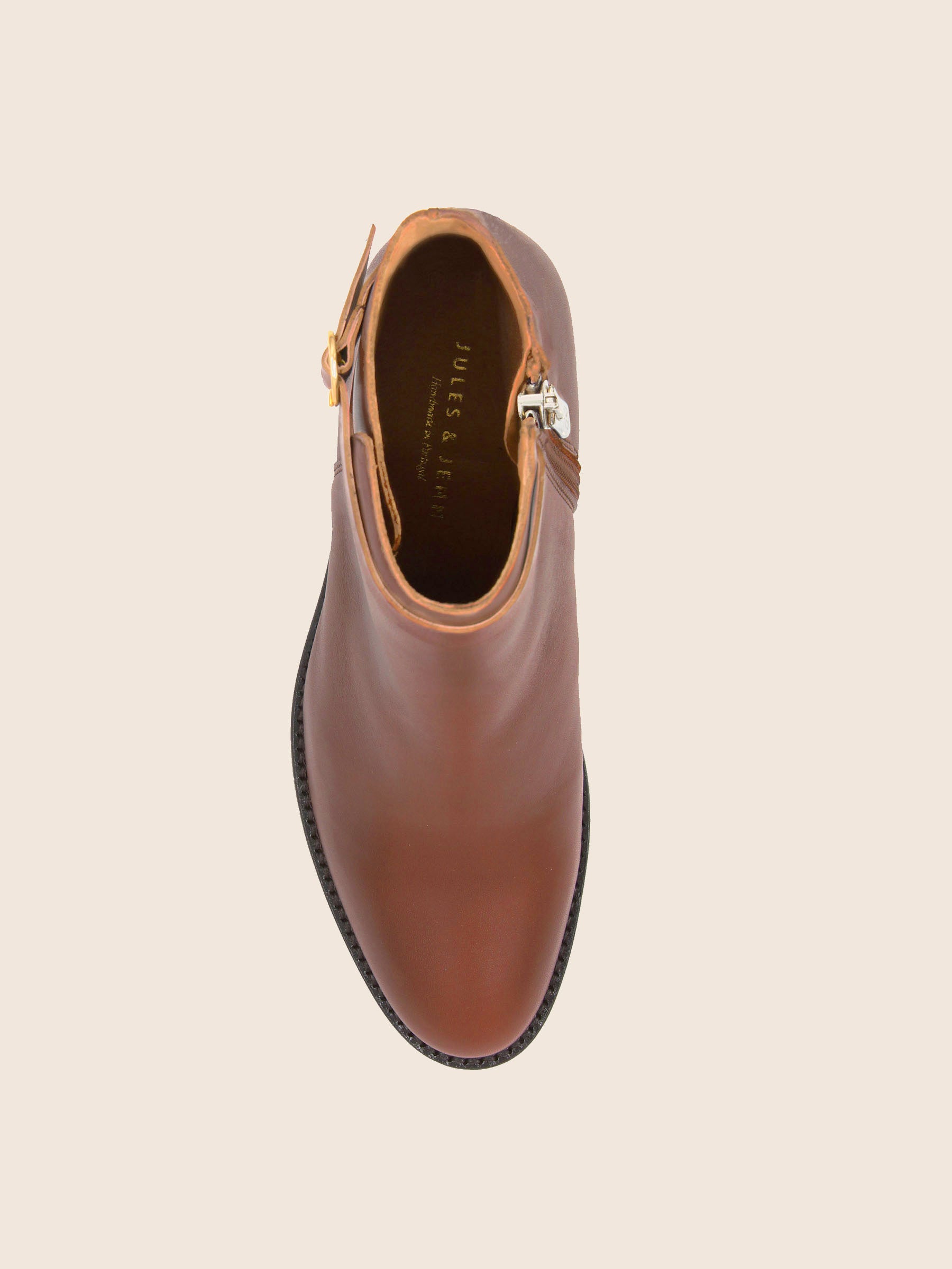 vue dessus bottines cavalière cuir camel jules jenn