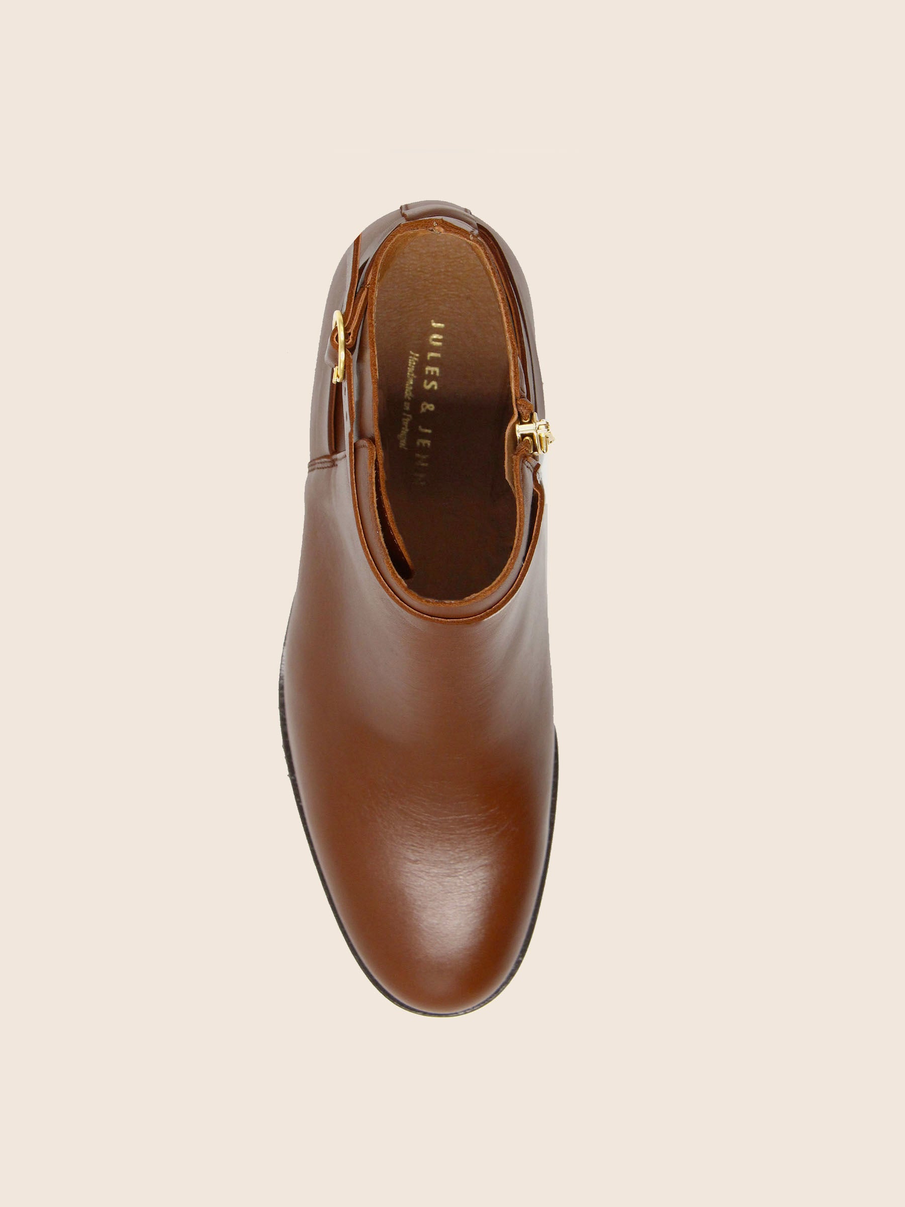 vue dessus bottines cavalieres plates cuir camel jules jenn