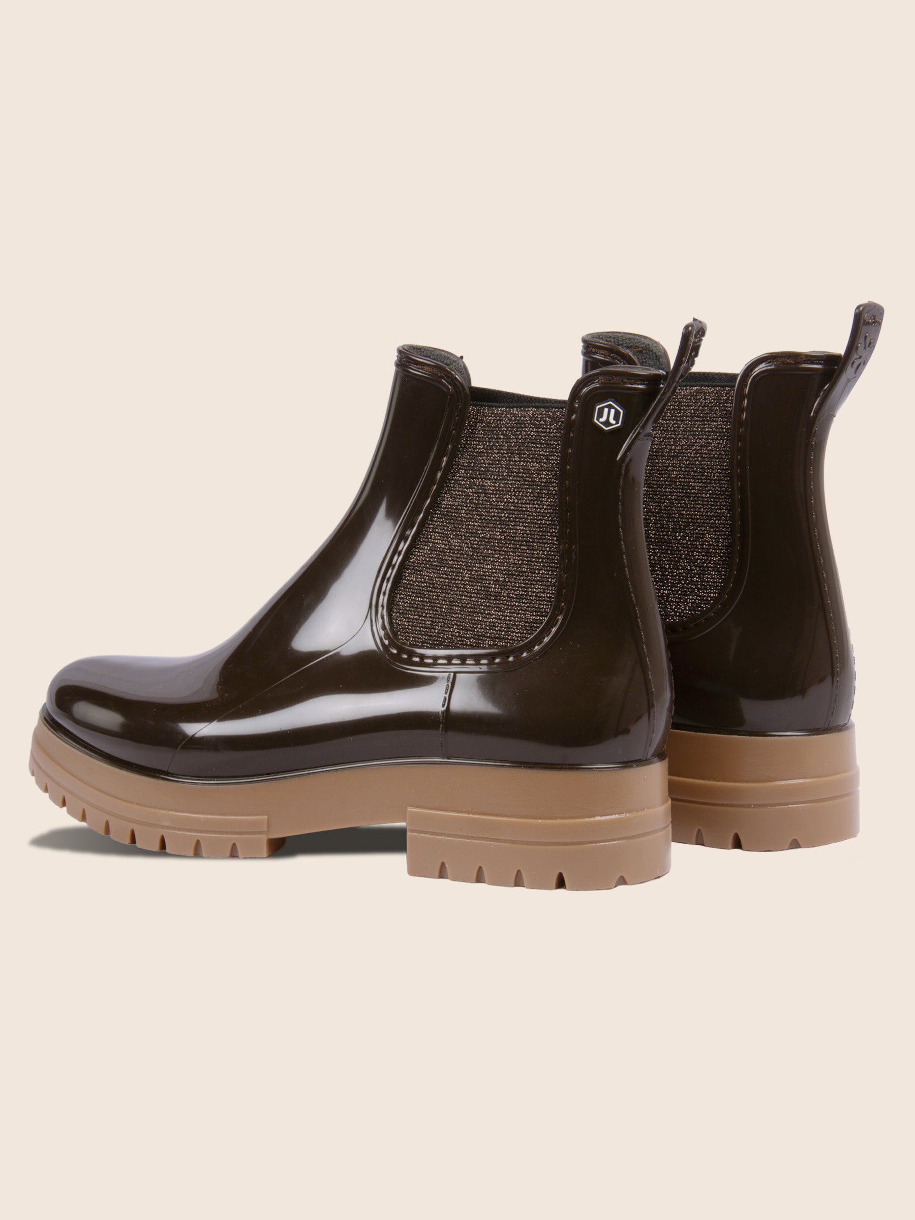 vue arrière bottines de pluie crantées marron et beige jules & jenn