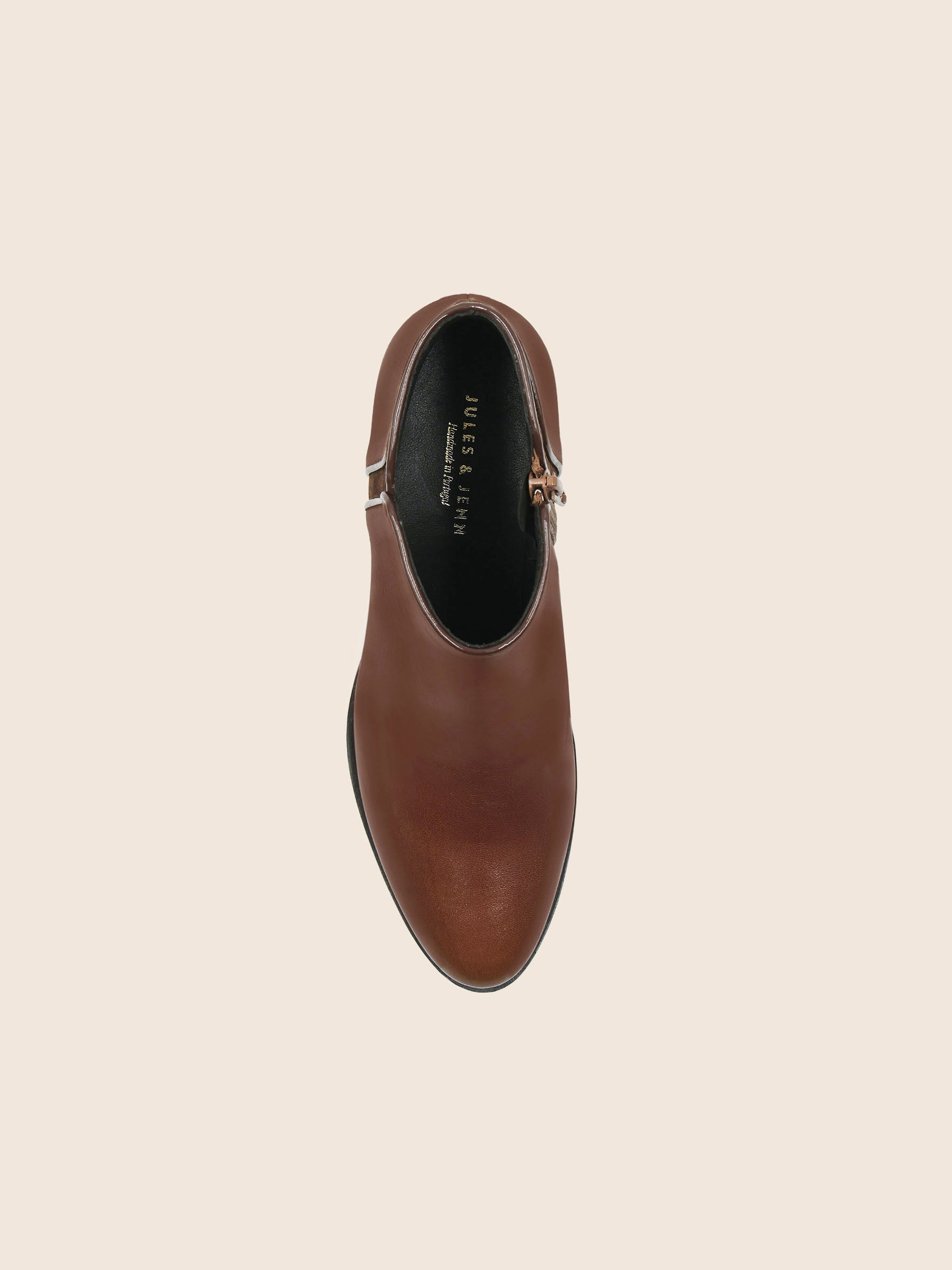 vue dessus bottines moyen talon cuir camel jules jenn