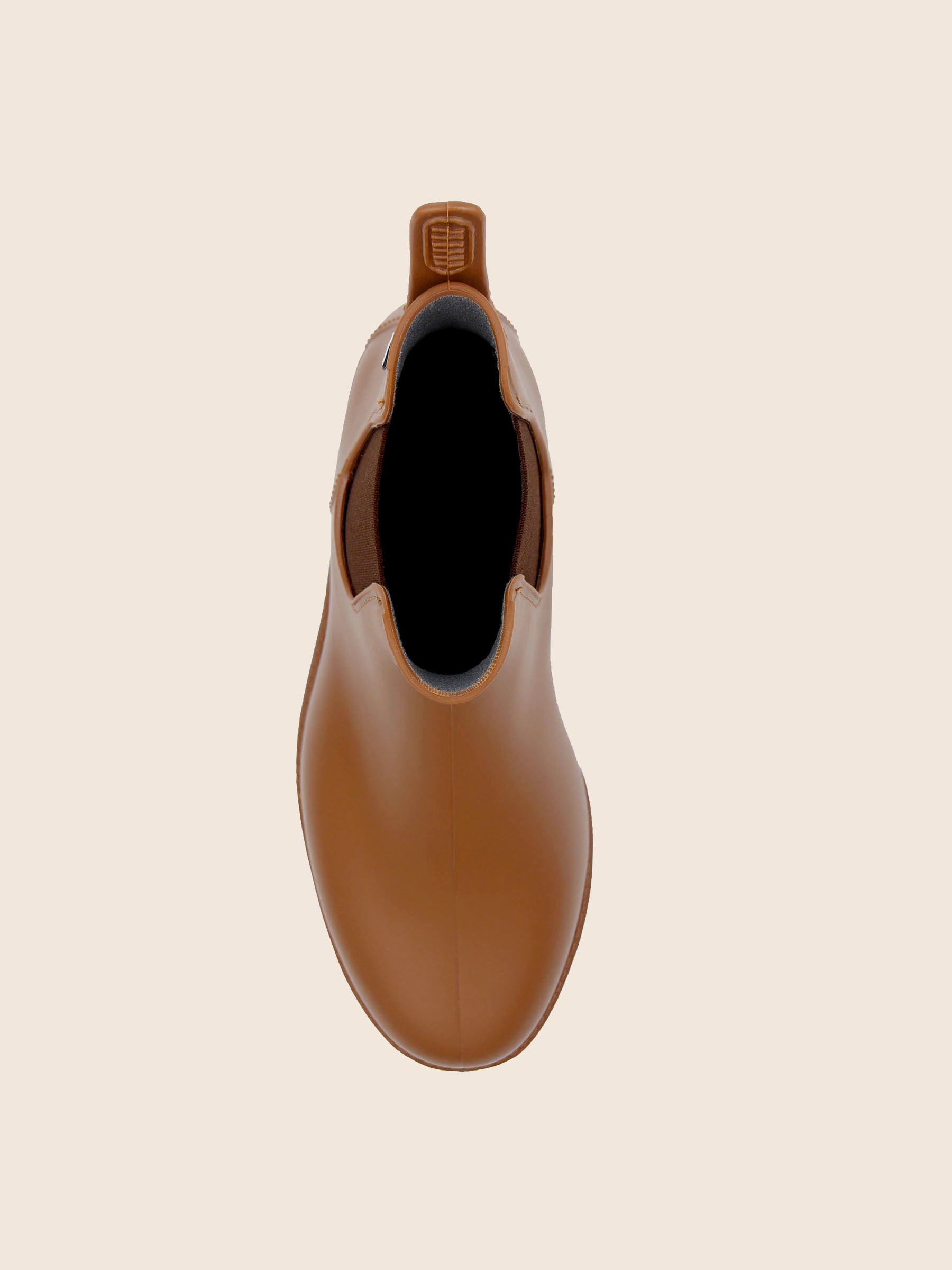 vue dessus bottines pluie caoutchouc camel jules jenn