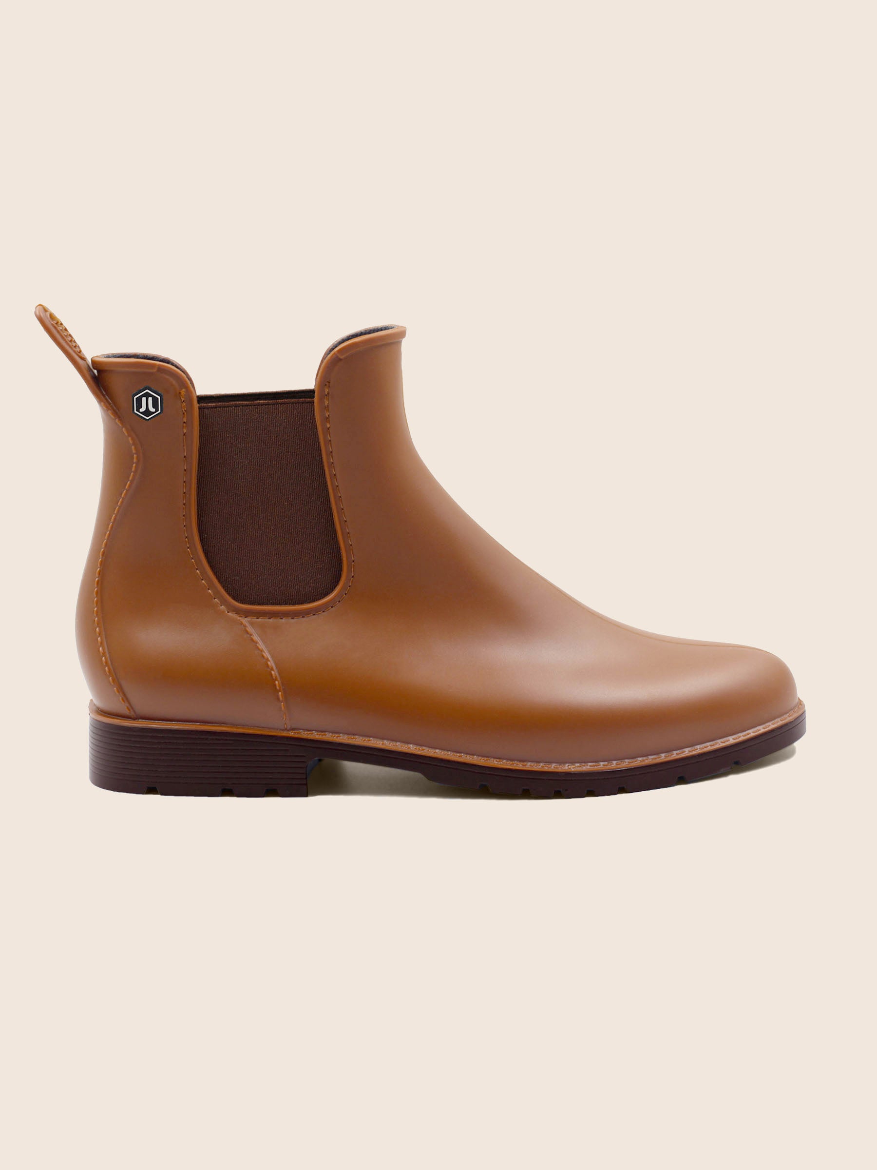 vue profil bottines pluie caoutchouc camel jules jenn
