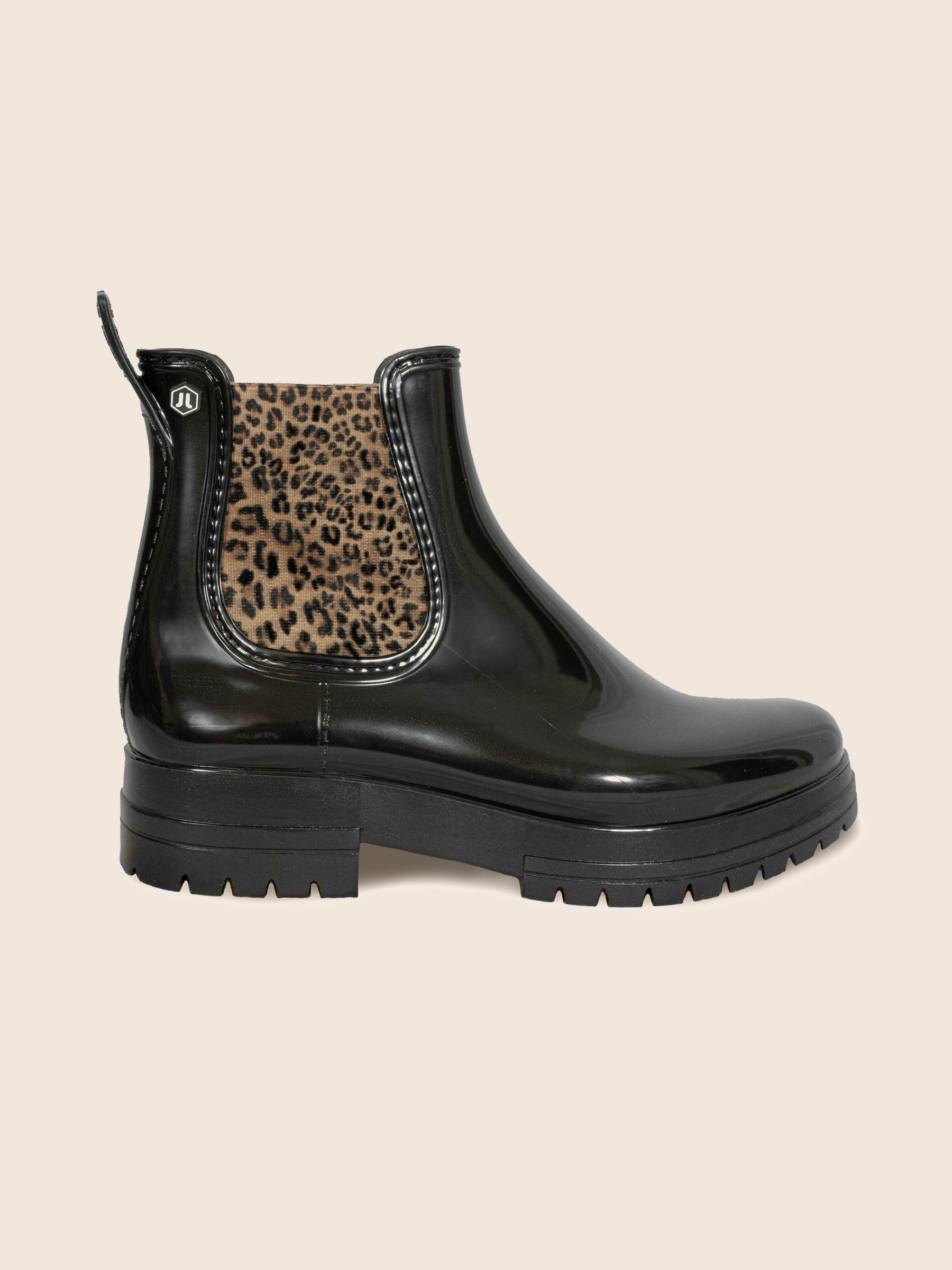 vue profil bottines de pluie crantees noir leopard jules jenn