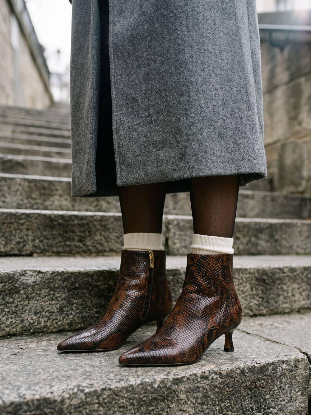 Bottines pointues petit talon Garance cuir imprime python marron