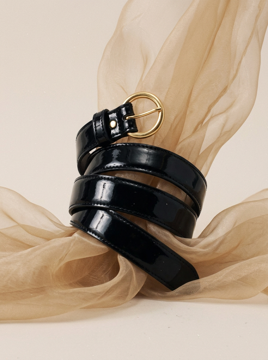 vue posee ceinture boucle or cuir vernis noir jules & jenn