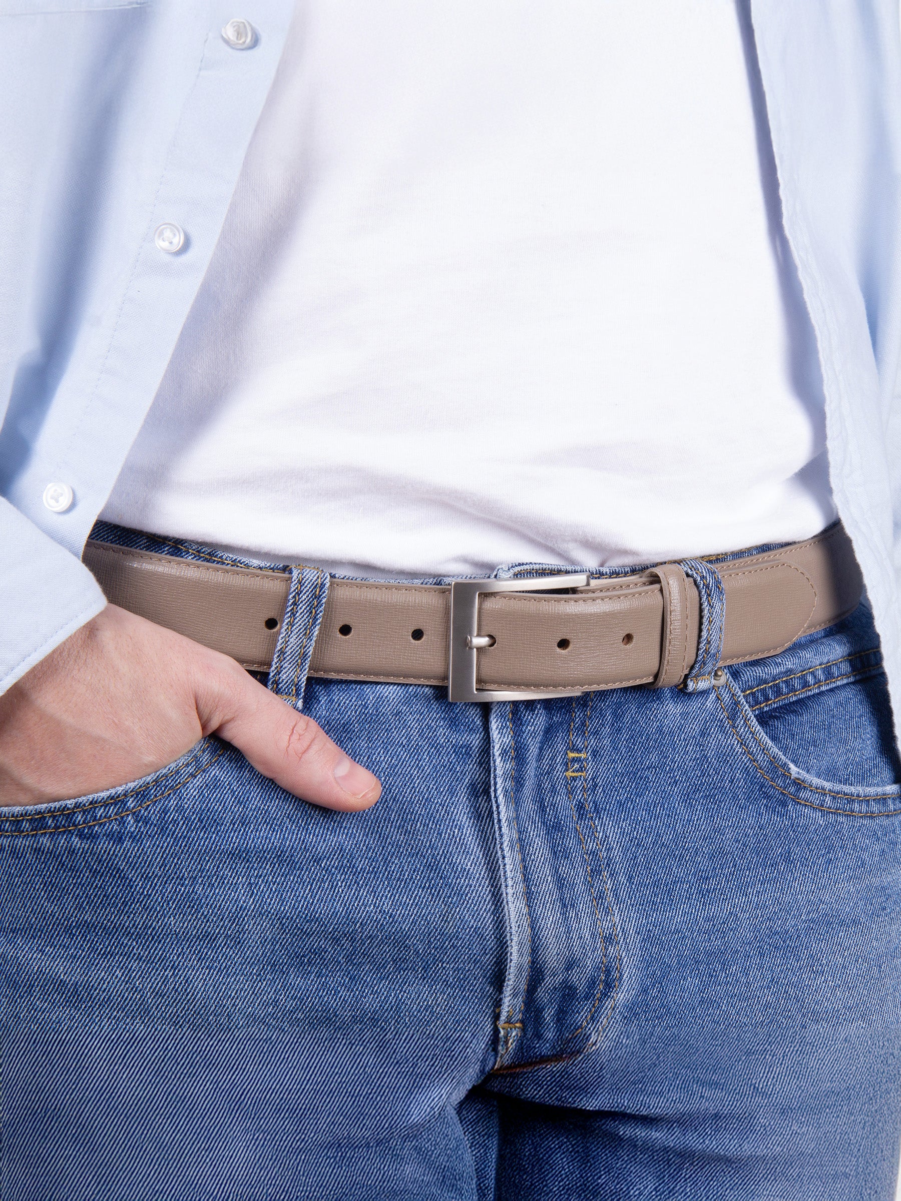 vue portée ceinture classique cuir gravé taupe jules jenn