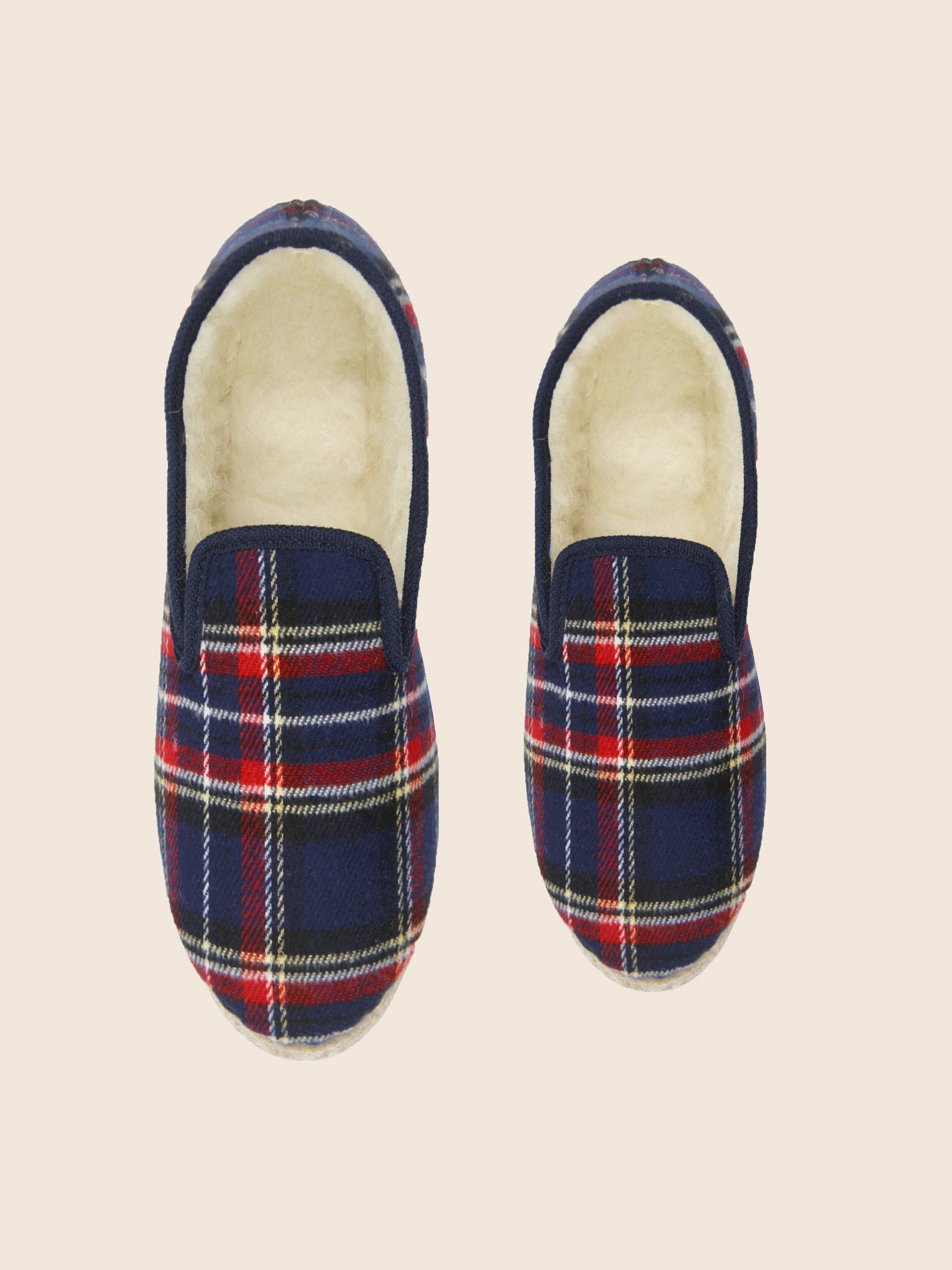 vue dessus charentaises ecossais bleu jules jenn