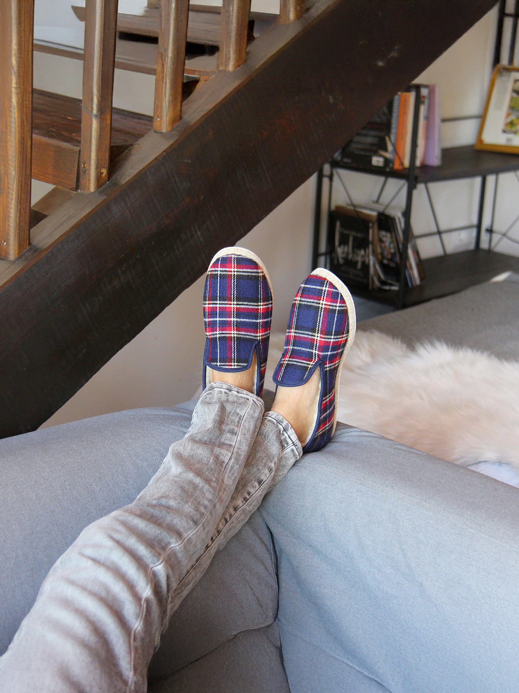 vue portée charentaises ecossais bleu jules jenn