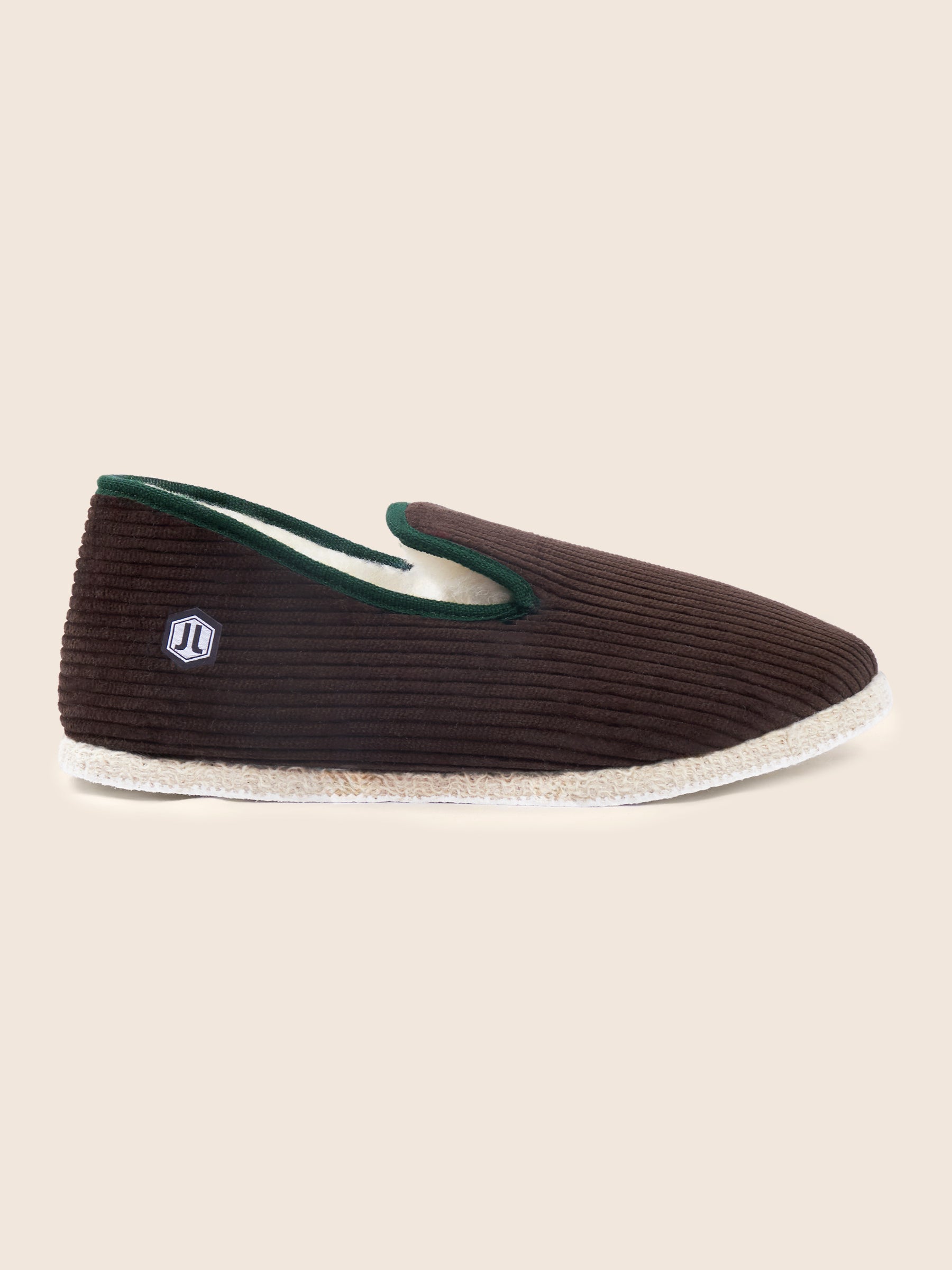 vue profil charentaises velours cotele marron vert jules & jenn