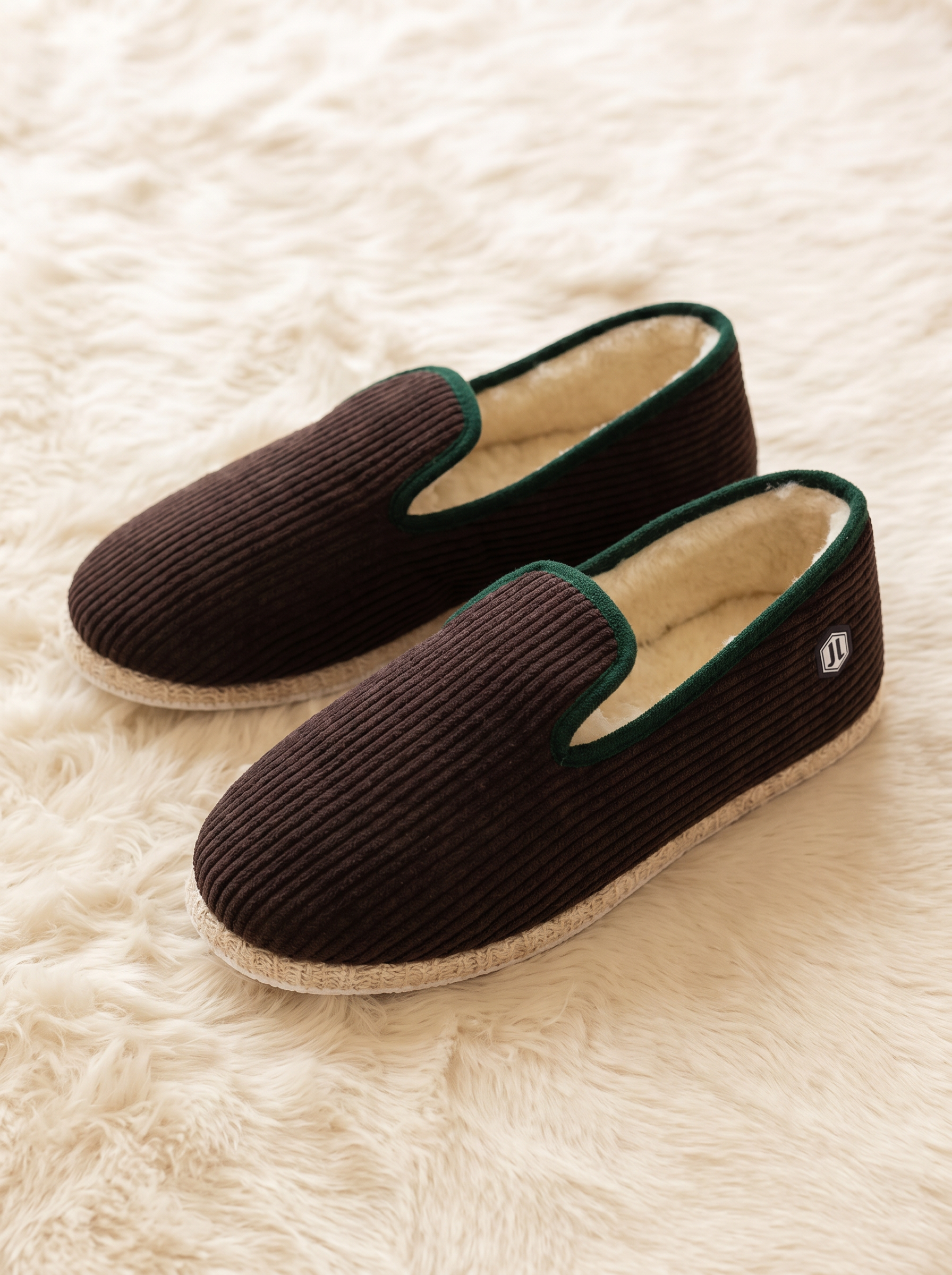vue posee charentaises velours cotele marron vert jules & jenn