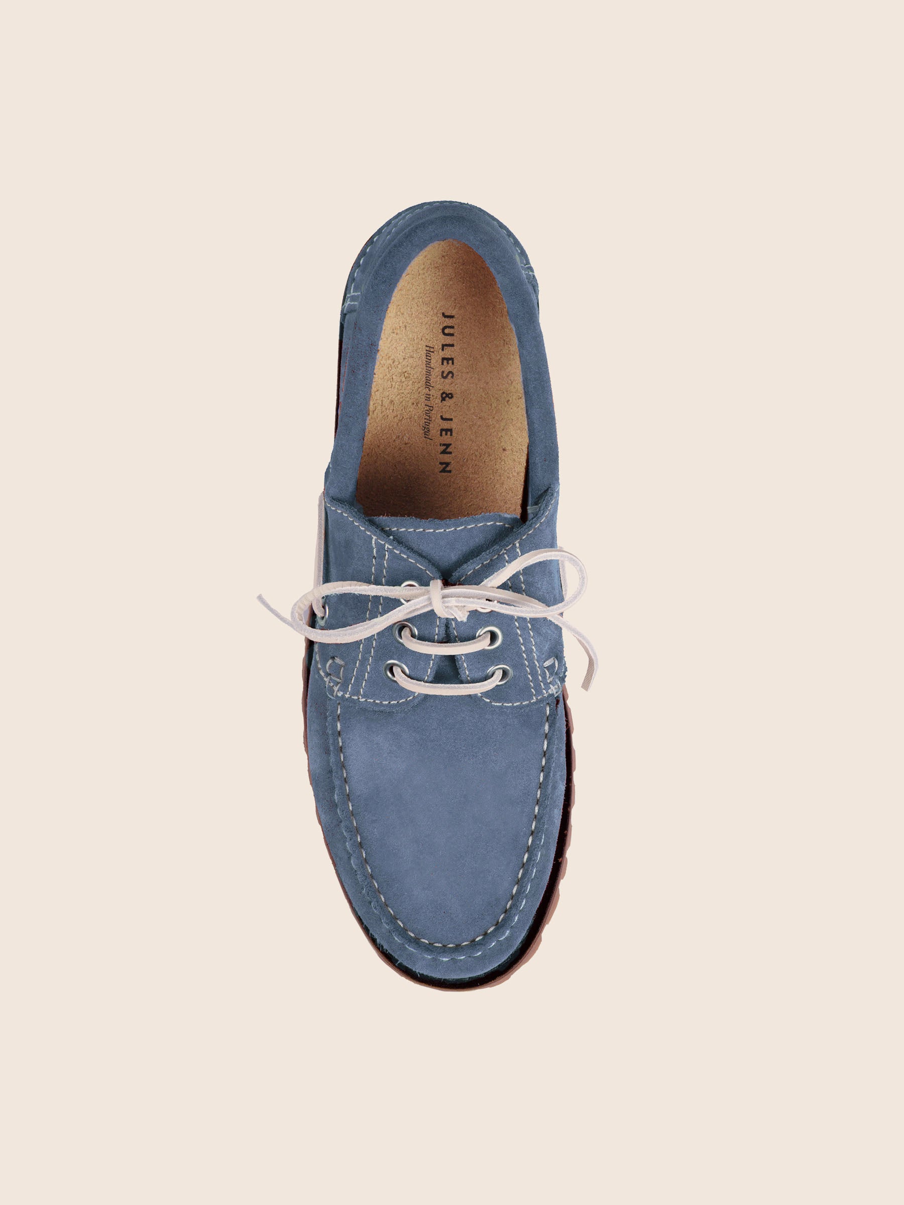 vue dessus chaussures bateau semelles crantees cuir daim bleu jules &jenn