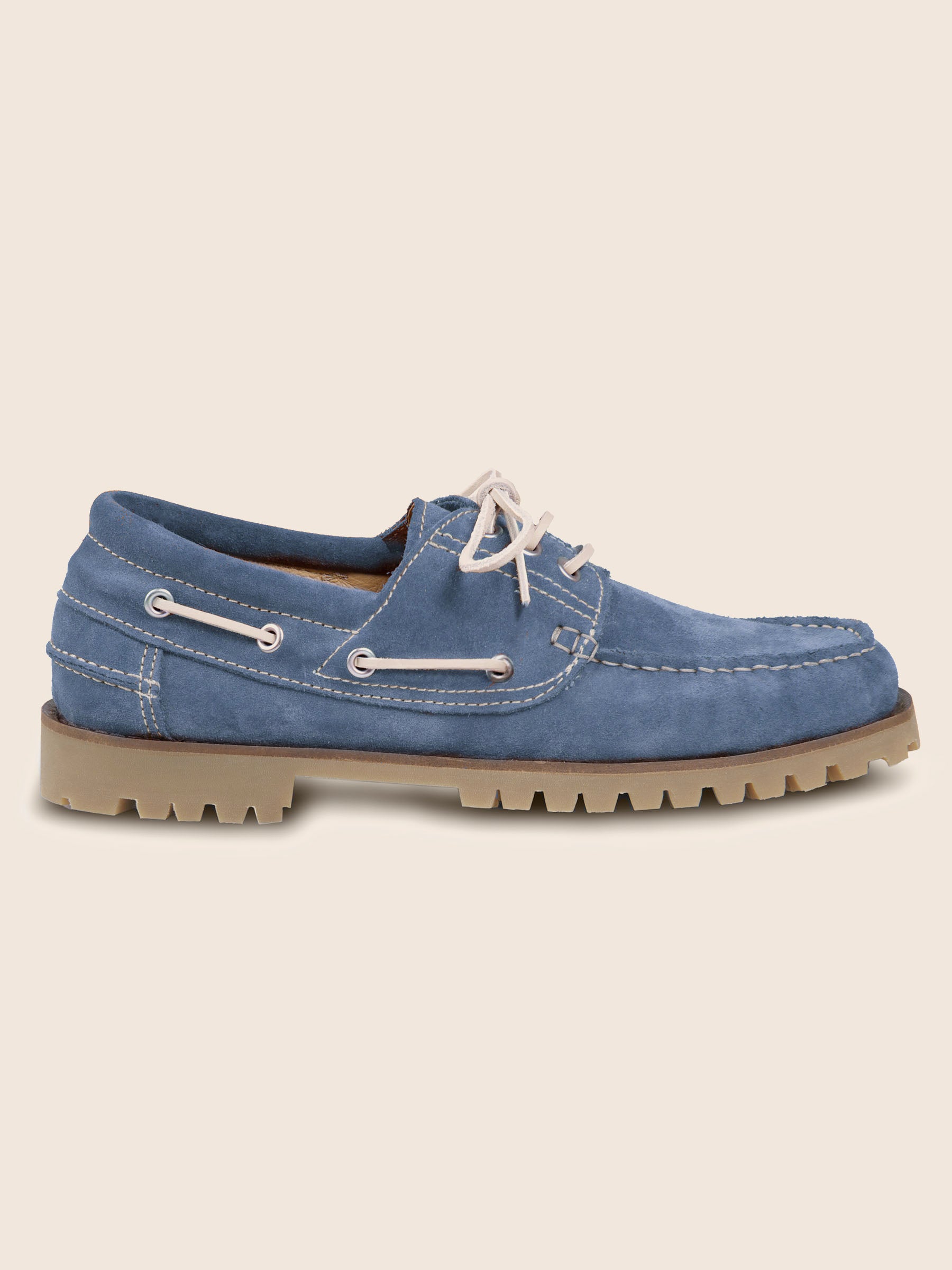 vue profil chaussures bateau semelles crantees cuir daim bleu jules jenn