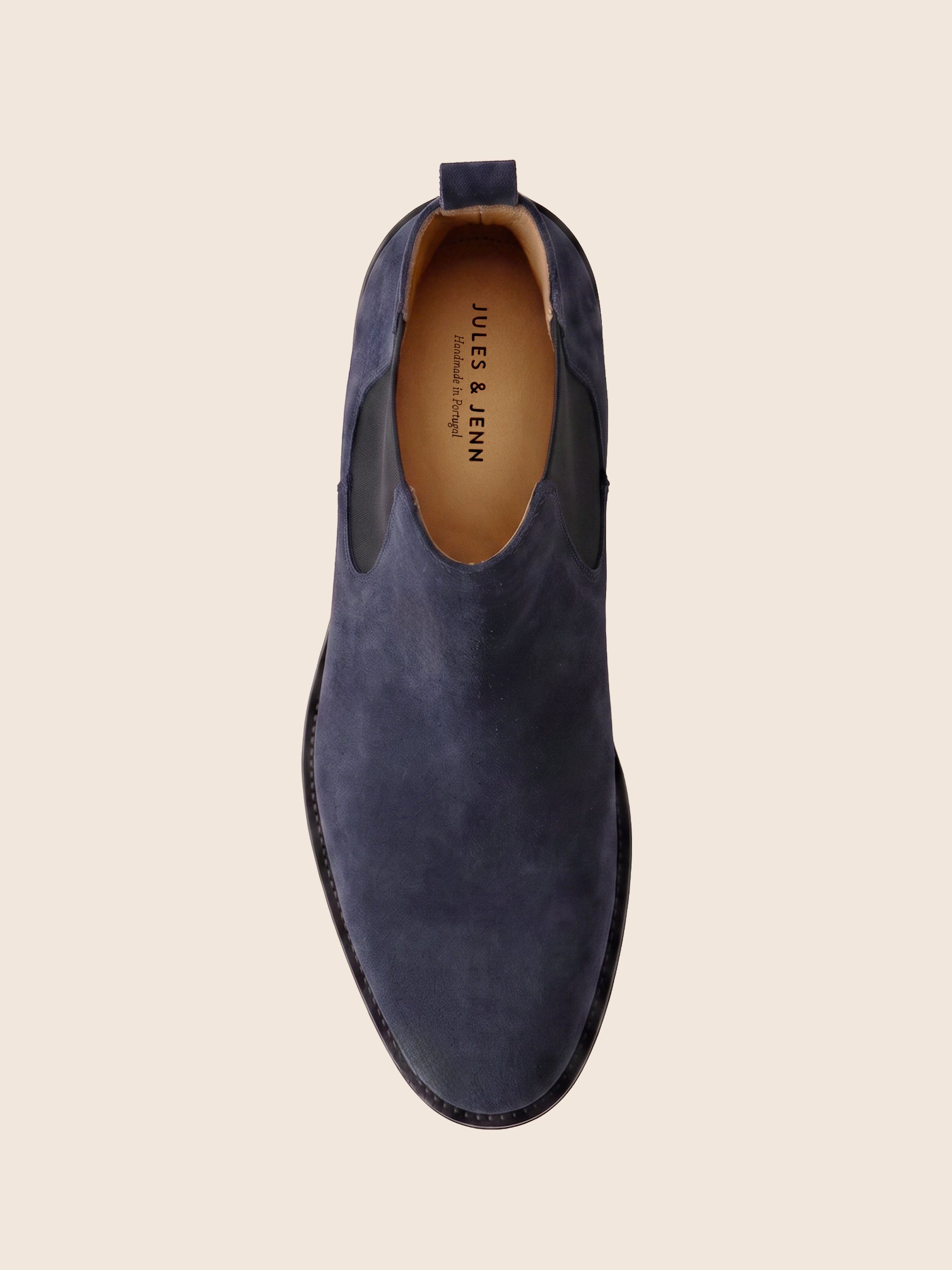 photo vue dessus chelsea boots martin cuir daim bleu jules jenn