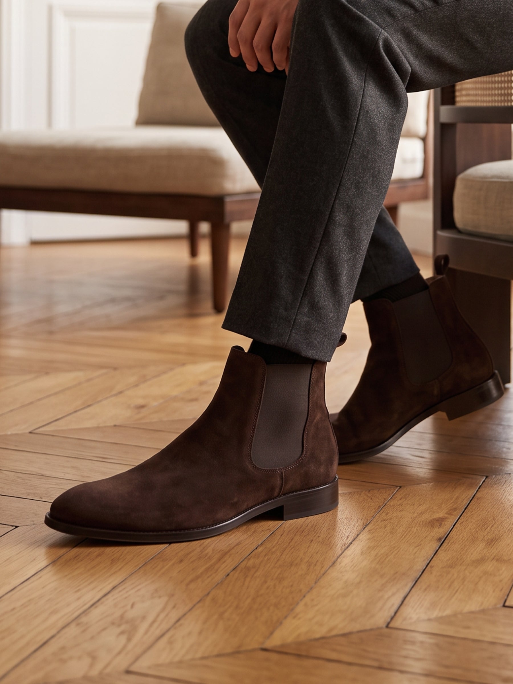 photo vue portee chelsea boots martin cuir daim marron jules jenn