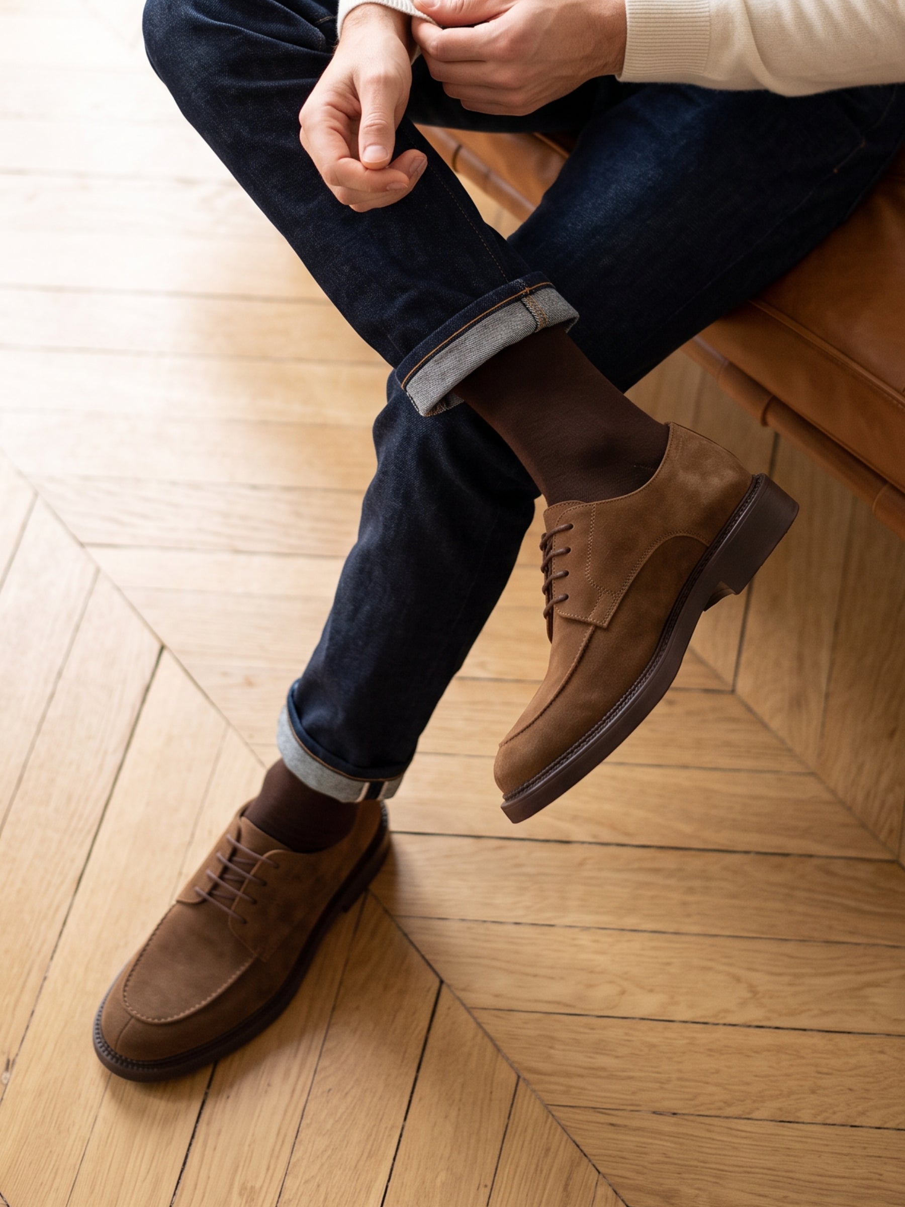 vue portee derbies gomme cuir daim cognac jules & jenn