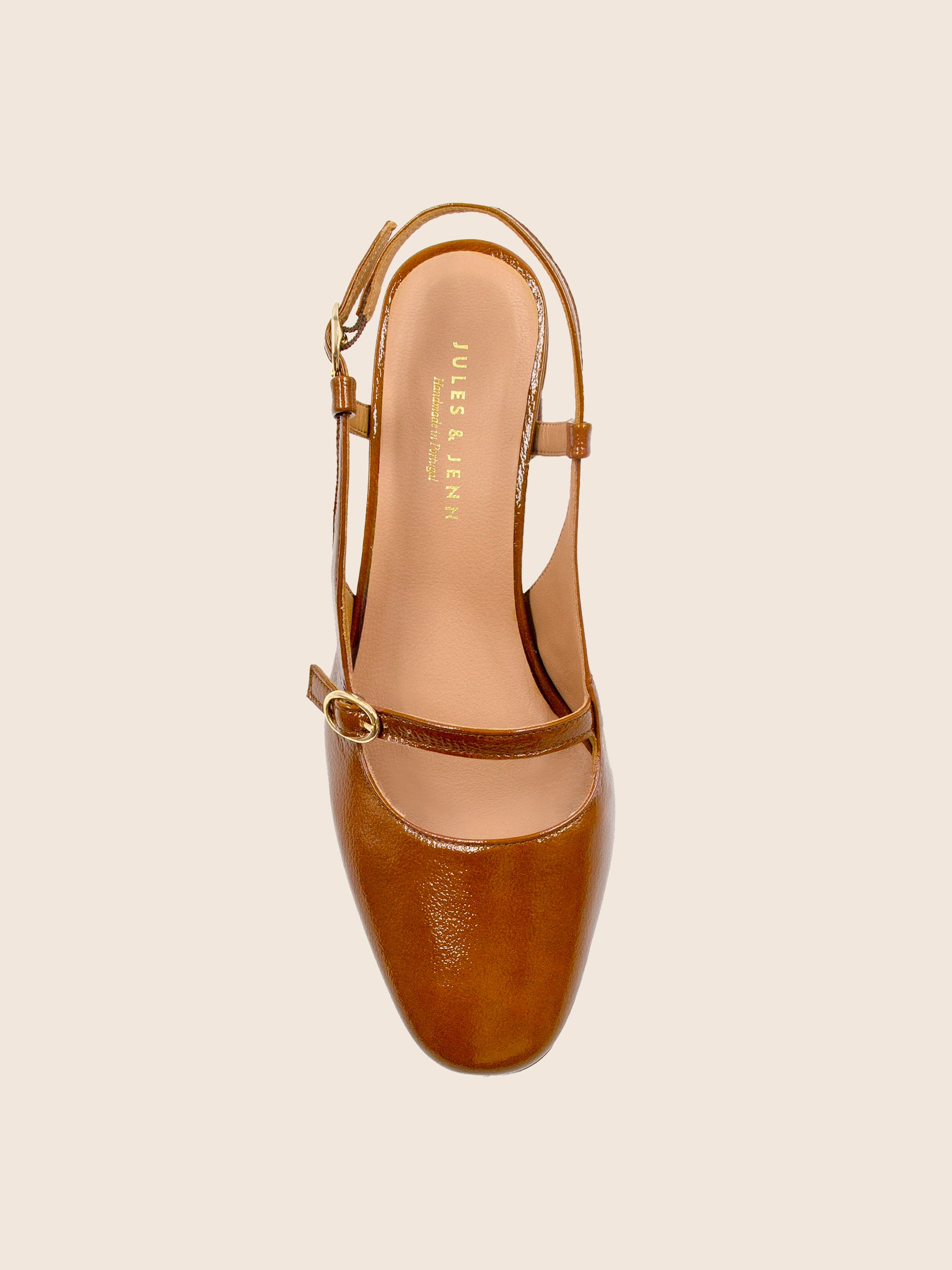 vue dessus escarpins slingback cuir vernis cognac jules jenn