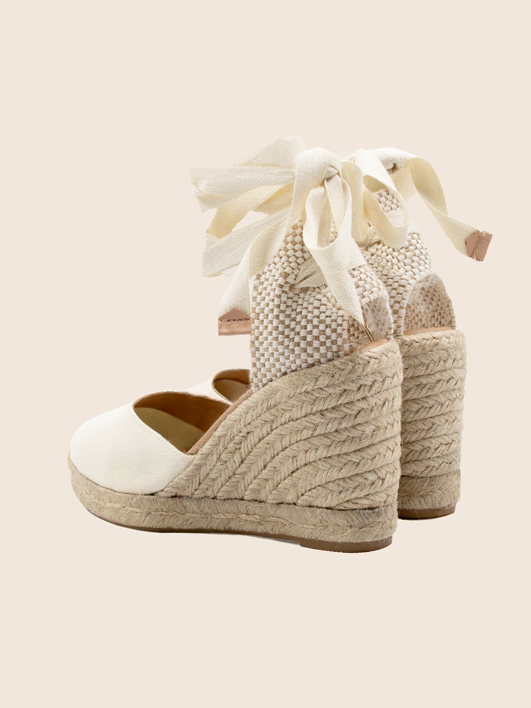 vue arriere espadrilles compensees lacees toile recyclee beige jules jenn