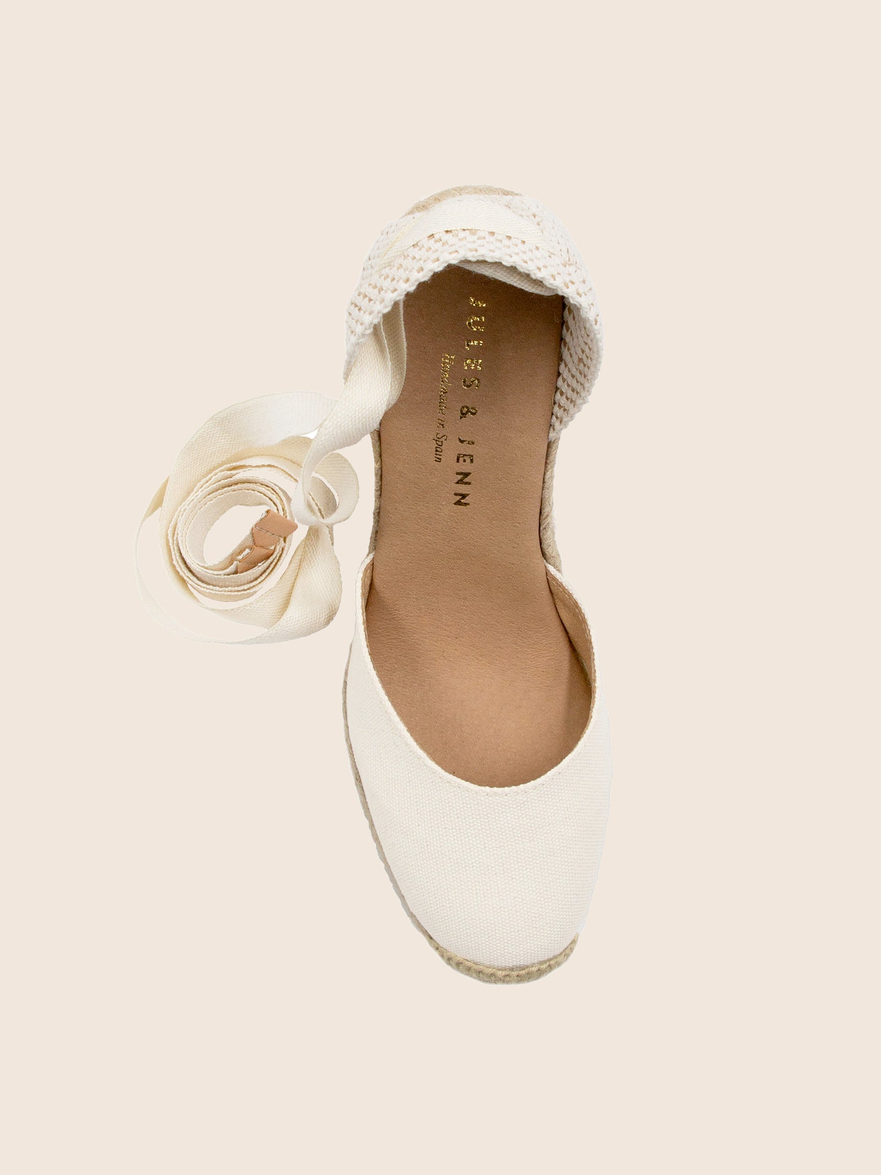 vue dessus espadrilles compensees lacees toile recyclee beige jules jenn