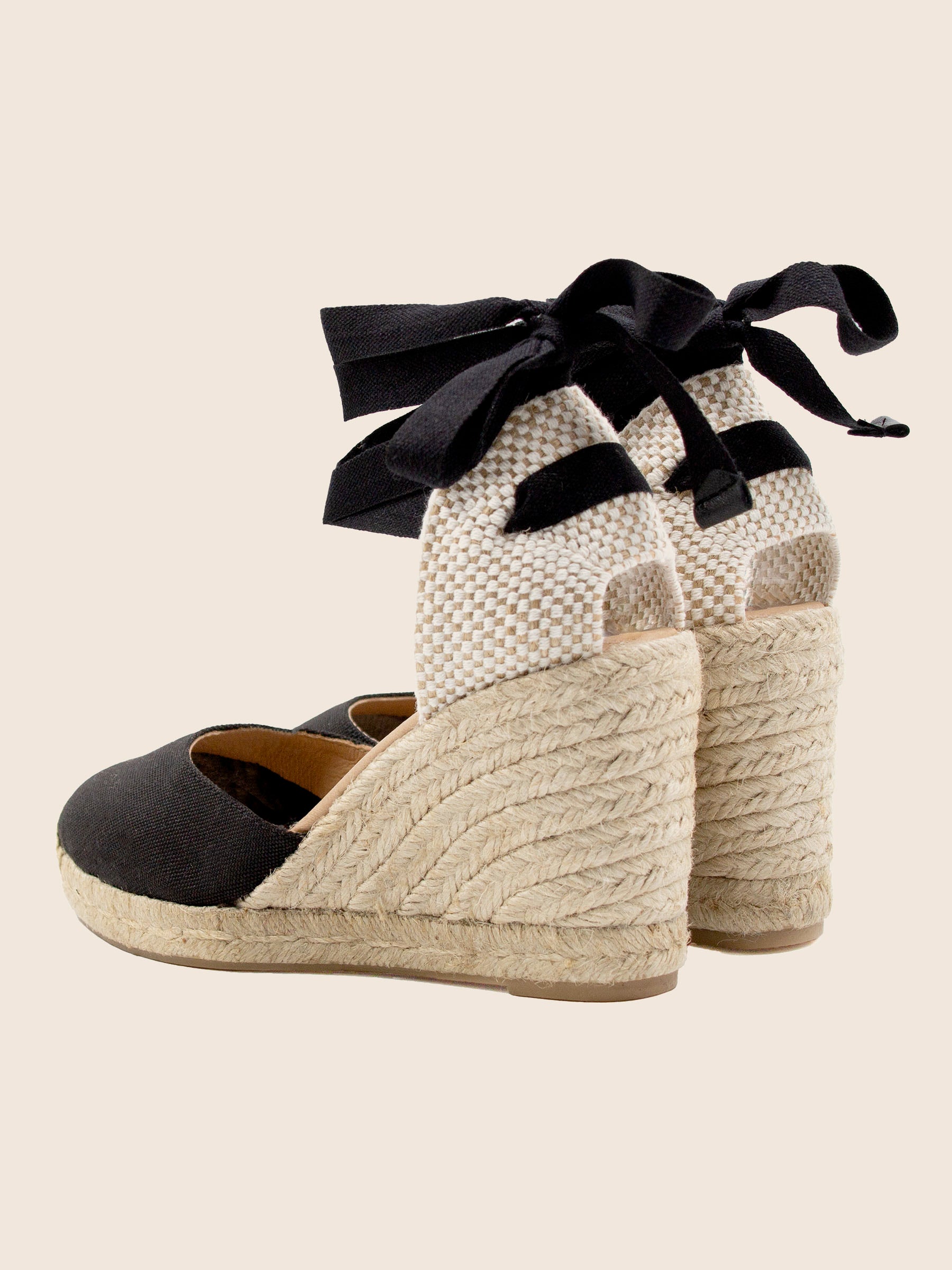 vue arriere espadrilles compensees lacees toile recyclee noir jules jenn