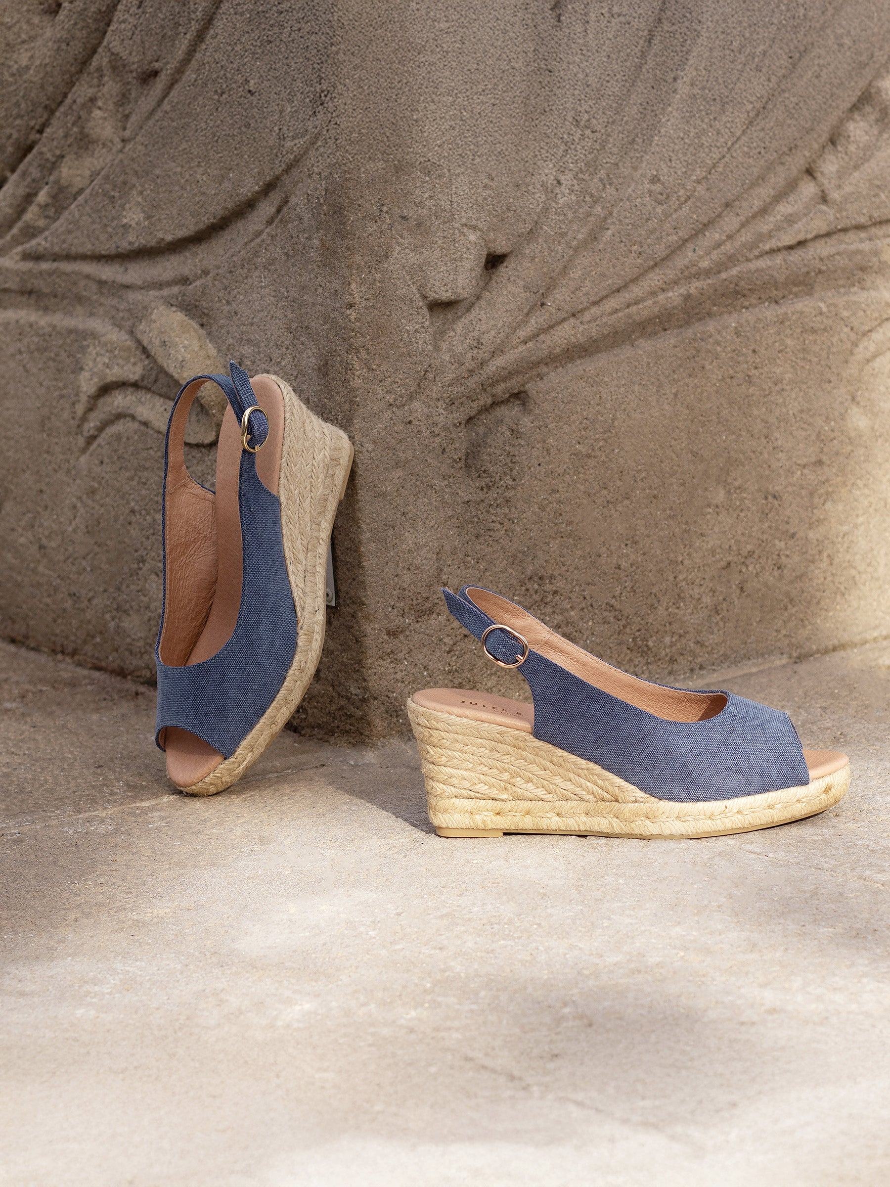 vue posée espadrilles slingback toile recyclee denim jules jenn