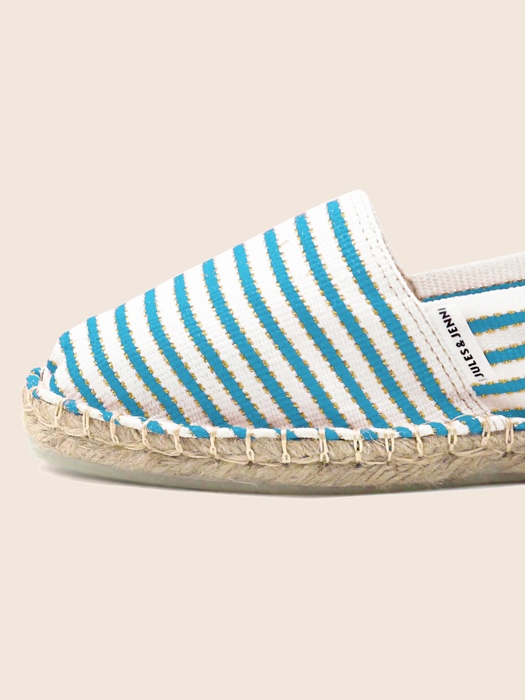vue zoomee espadrilles toile coton turquoise dore jules & jenn