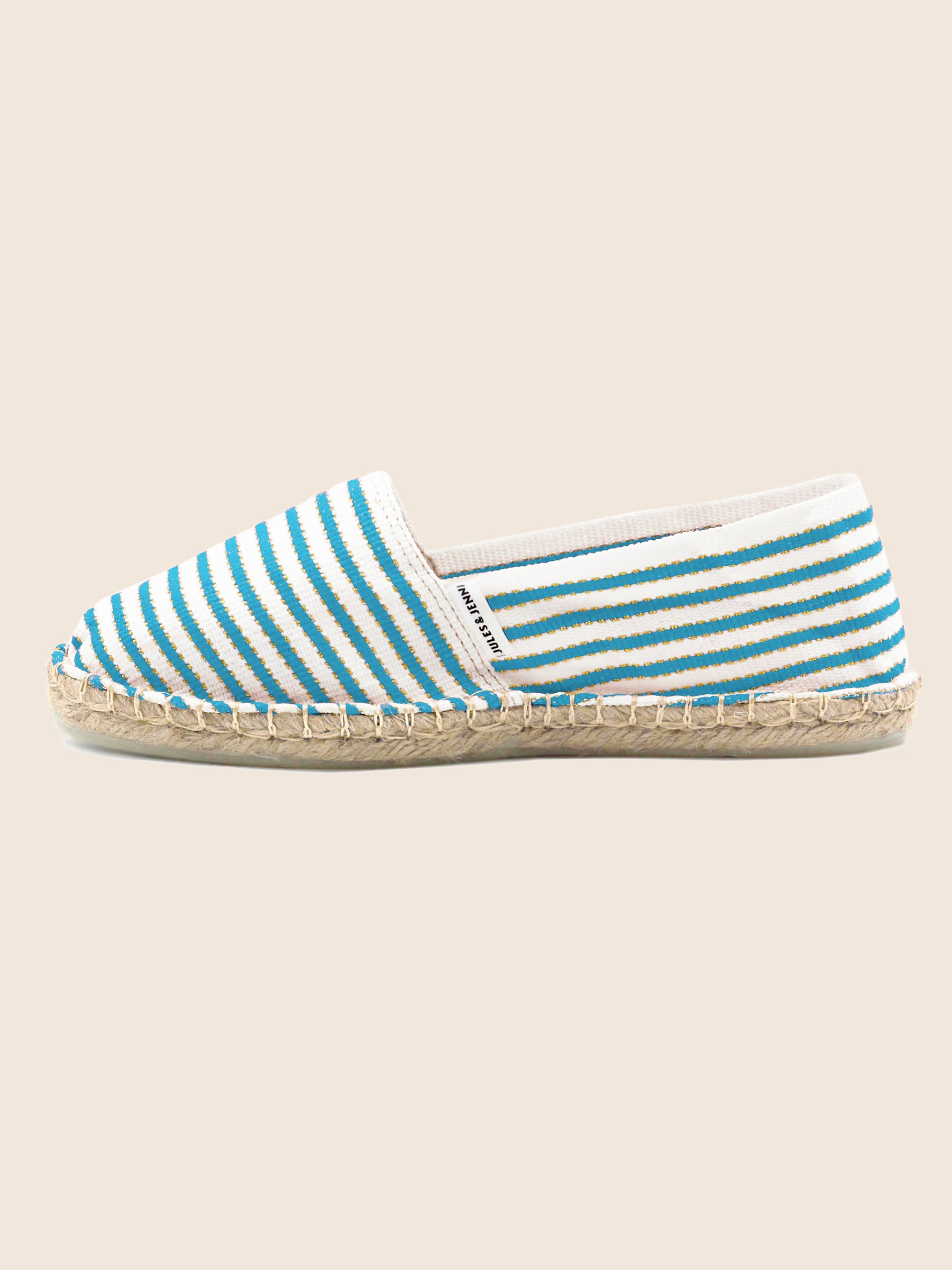 vue posée espadrilles toile coton turquoise dore jules & jenn