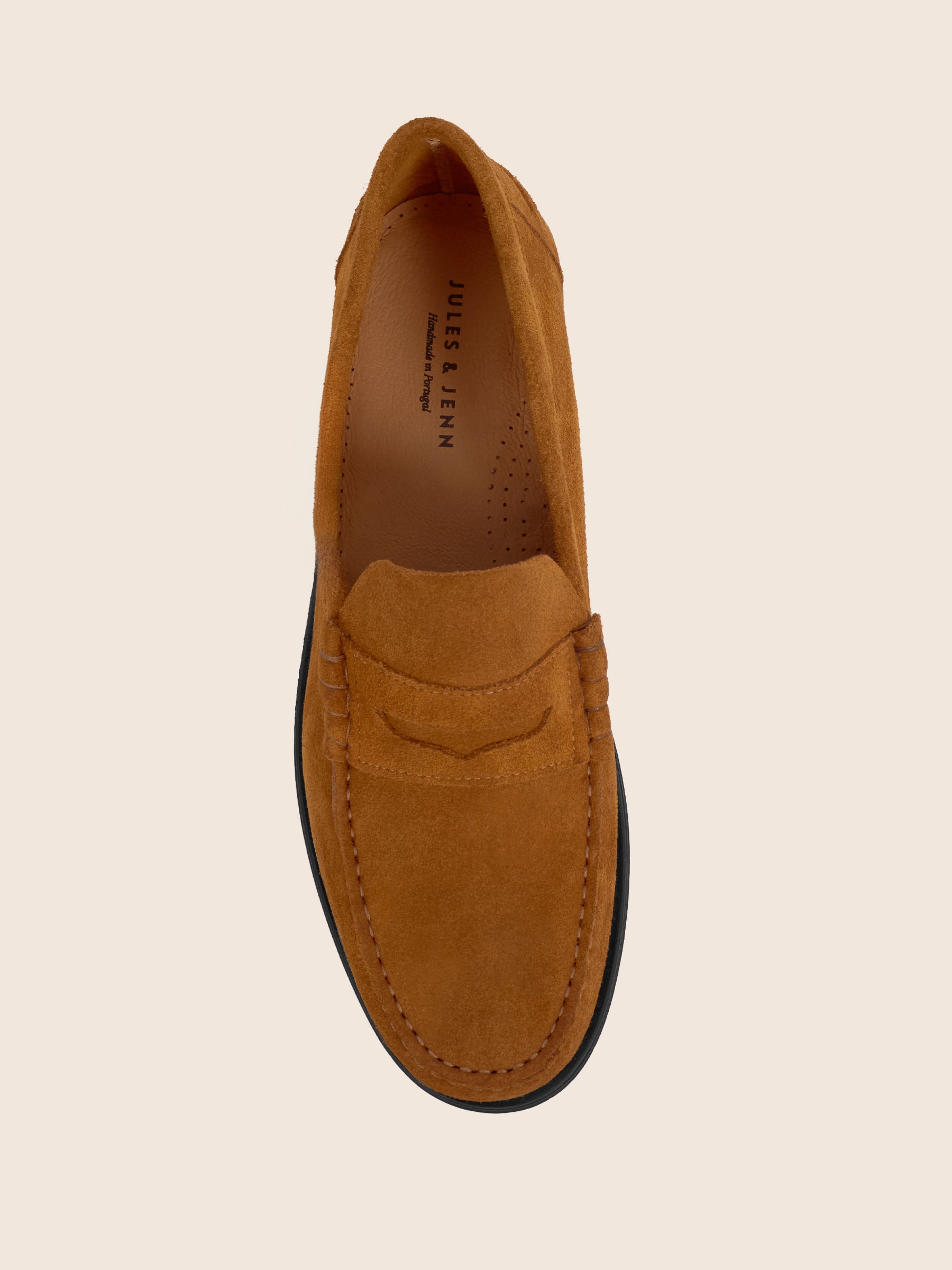 photo vue dessus mocassins college cuir daim cognac jules & jenn