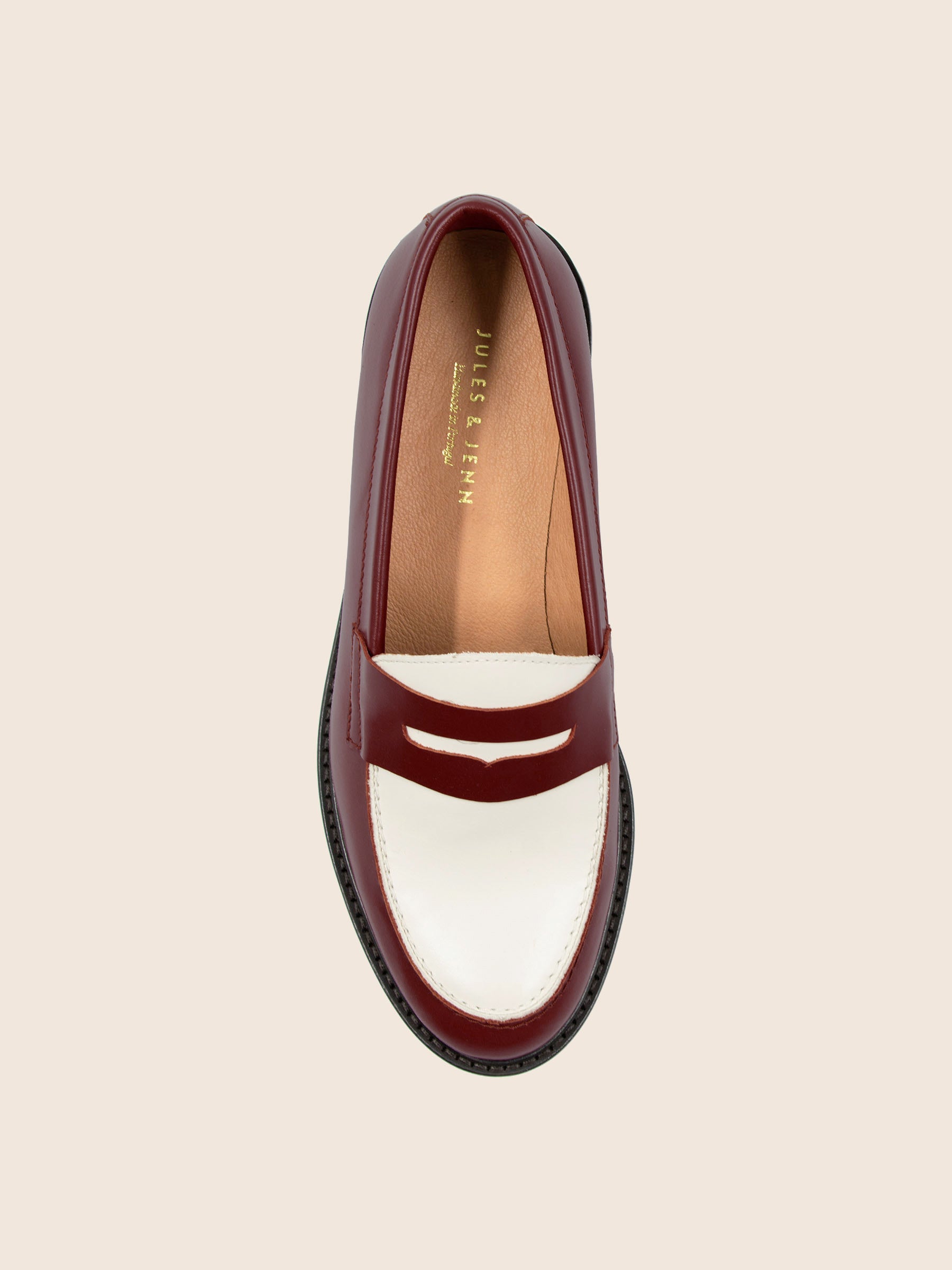 vue dessus mocassins cuir bordeaux blanc jules & jenn