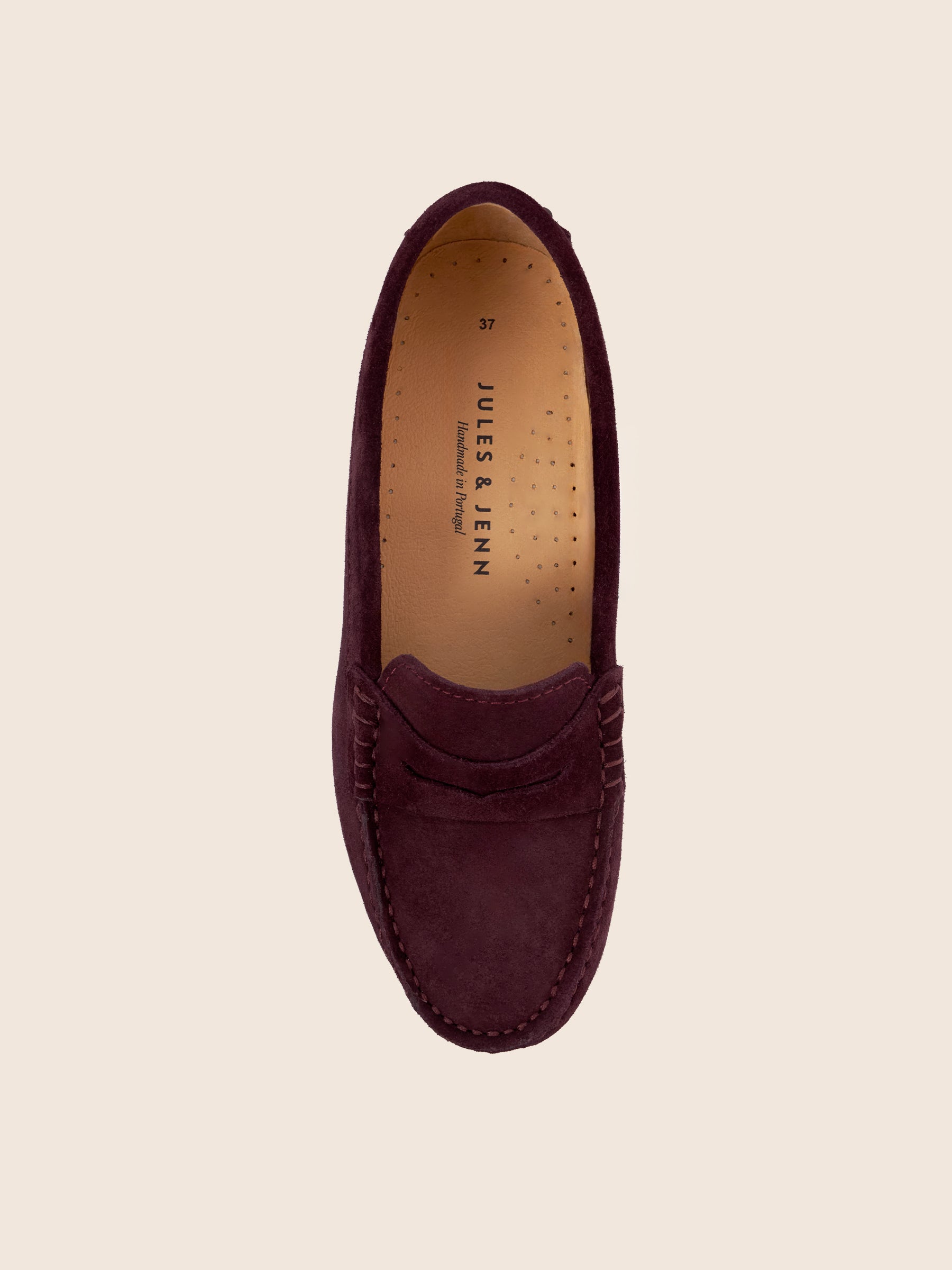 photo vue dessus mocassins cuir daim bordeaux jules jenn