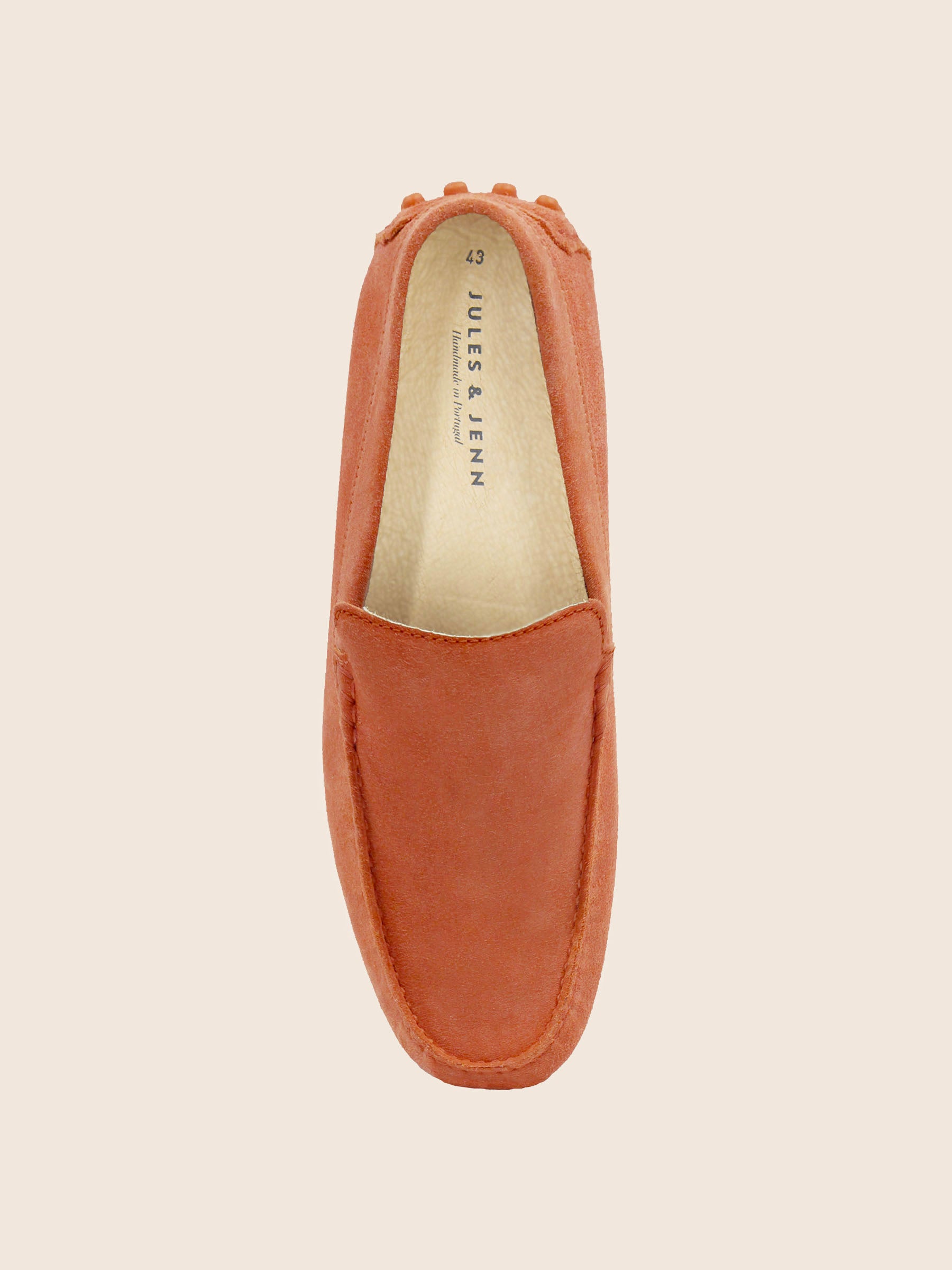 vue dessus mocassins cuir daim orange jules jenn