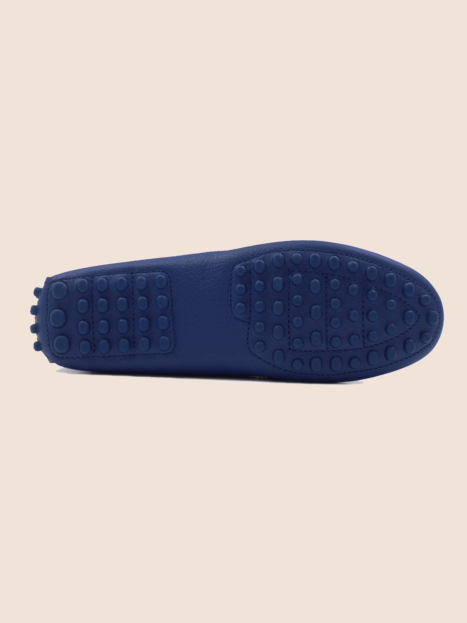 vue dessous mocassins cuir grainé bleu royal