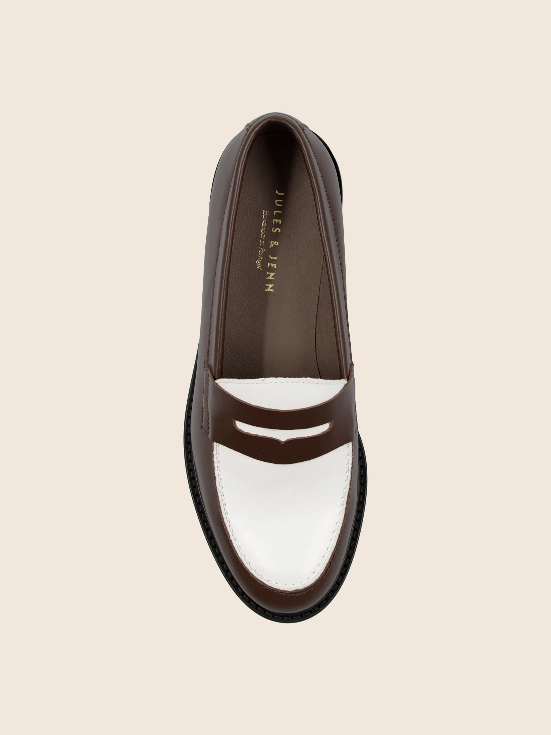vue dessus mocassins cuir marron blanc jules & jenn