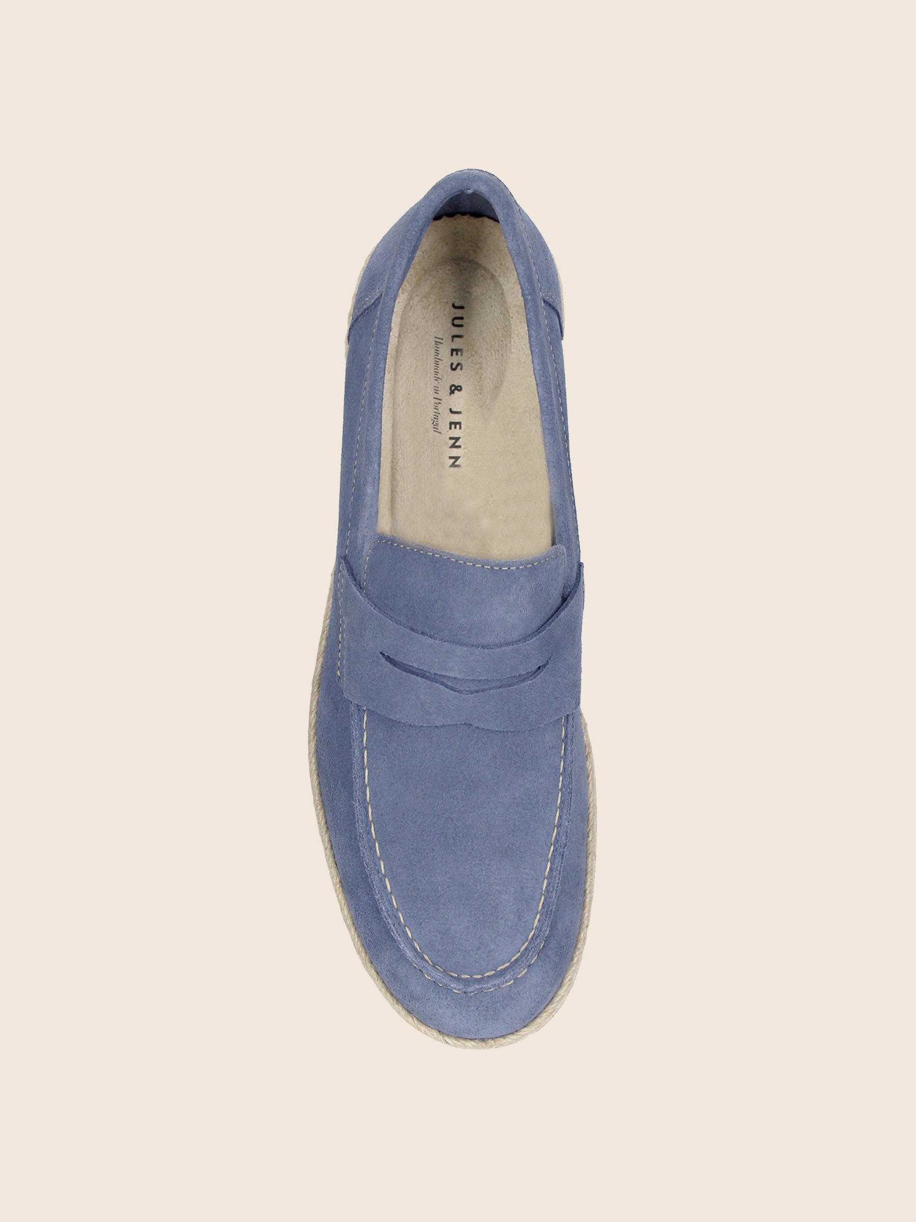 vue dessus mocassins espadrille cuir daim bleu jules jenn